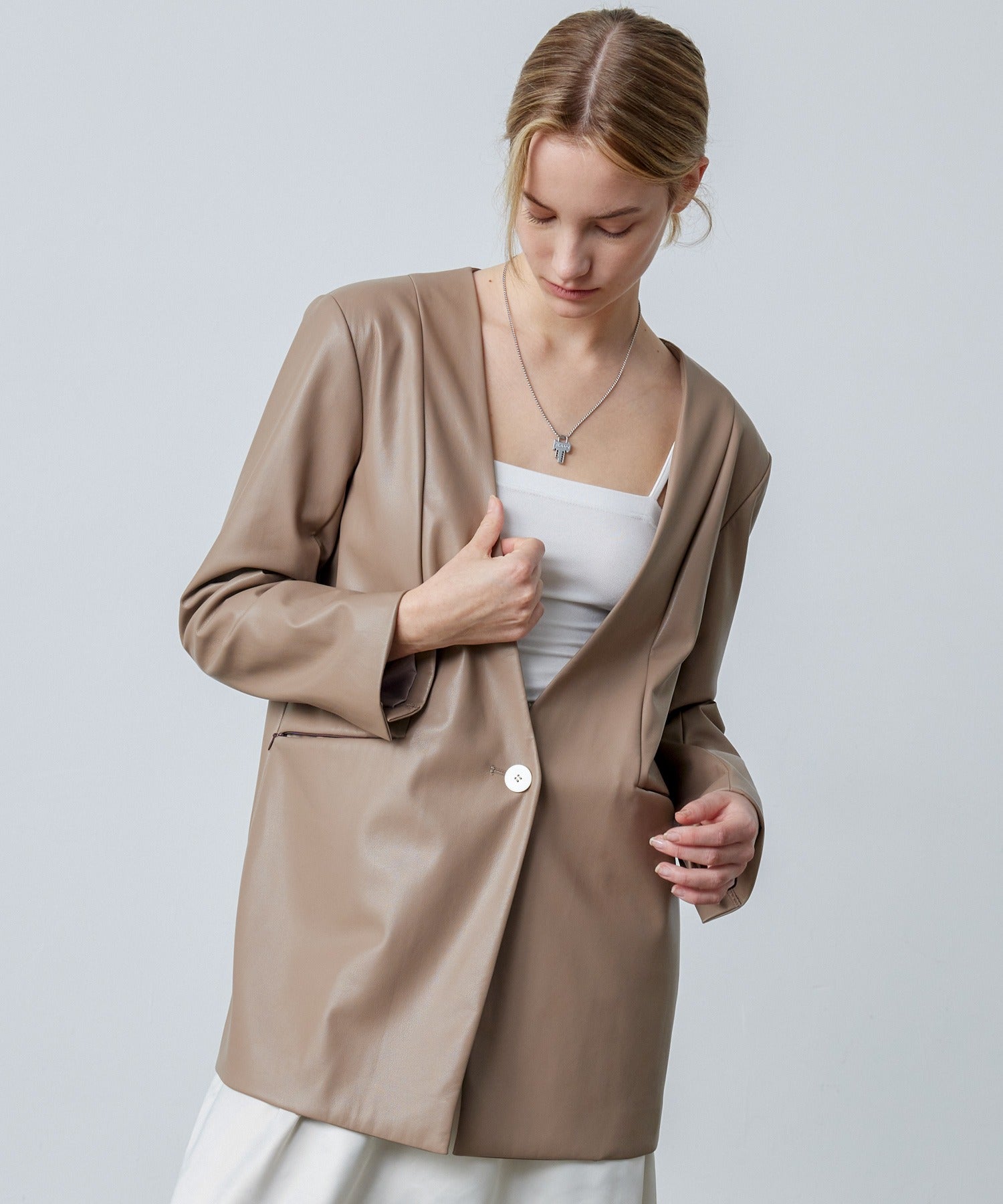 Faux Leather No-Collar Jacket