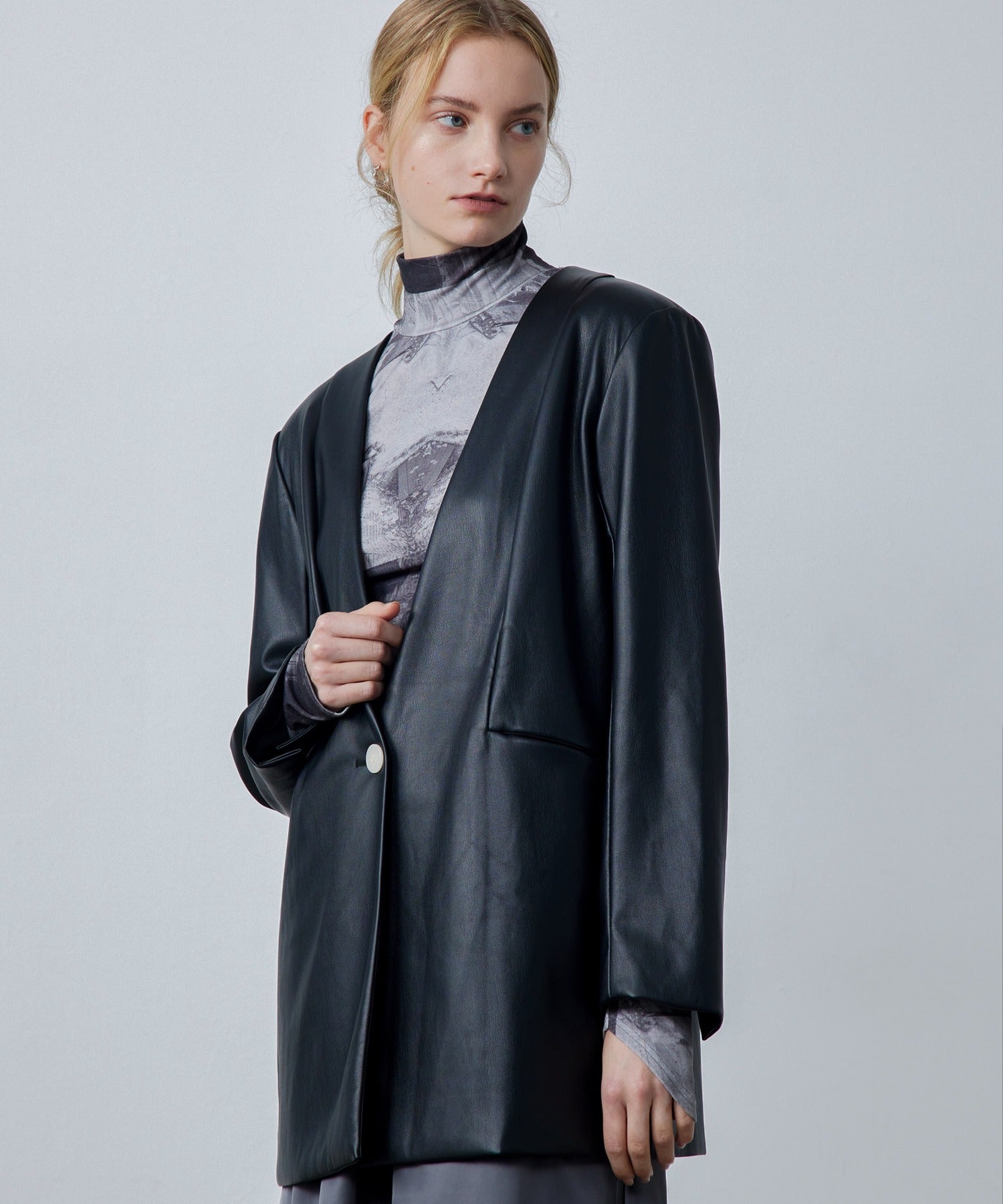 Faux Leather No-Collar Jacket
