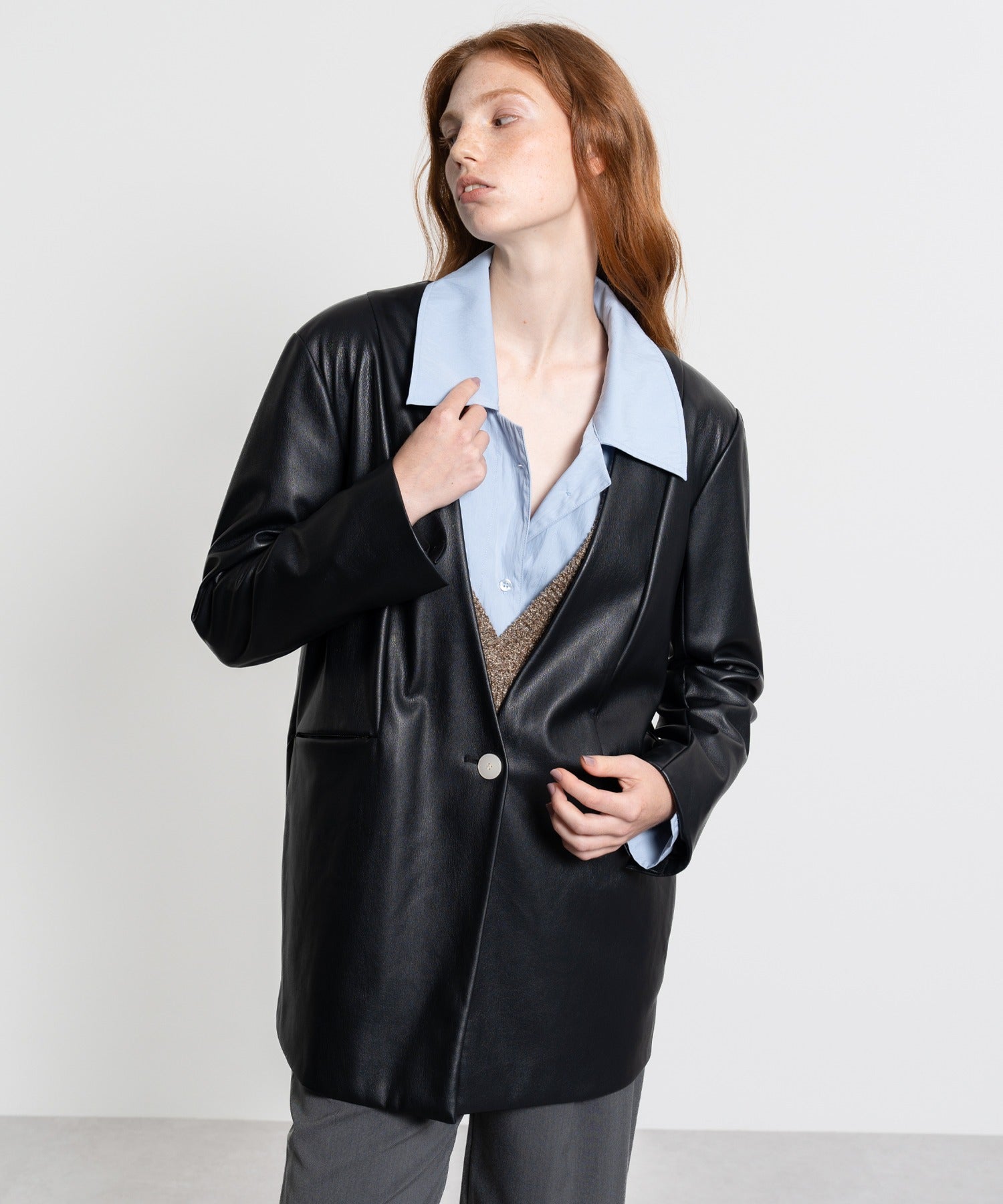Faux Leather No-Collar Jacket