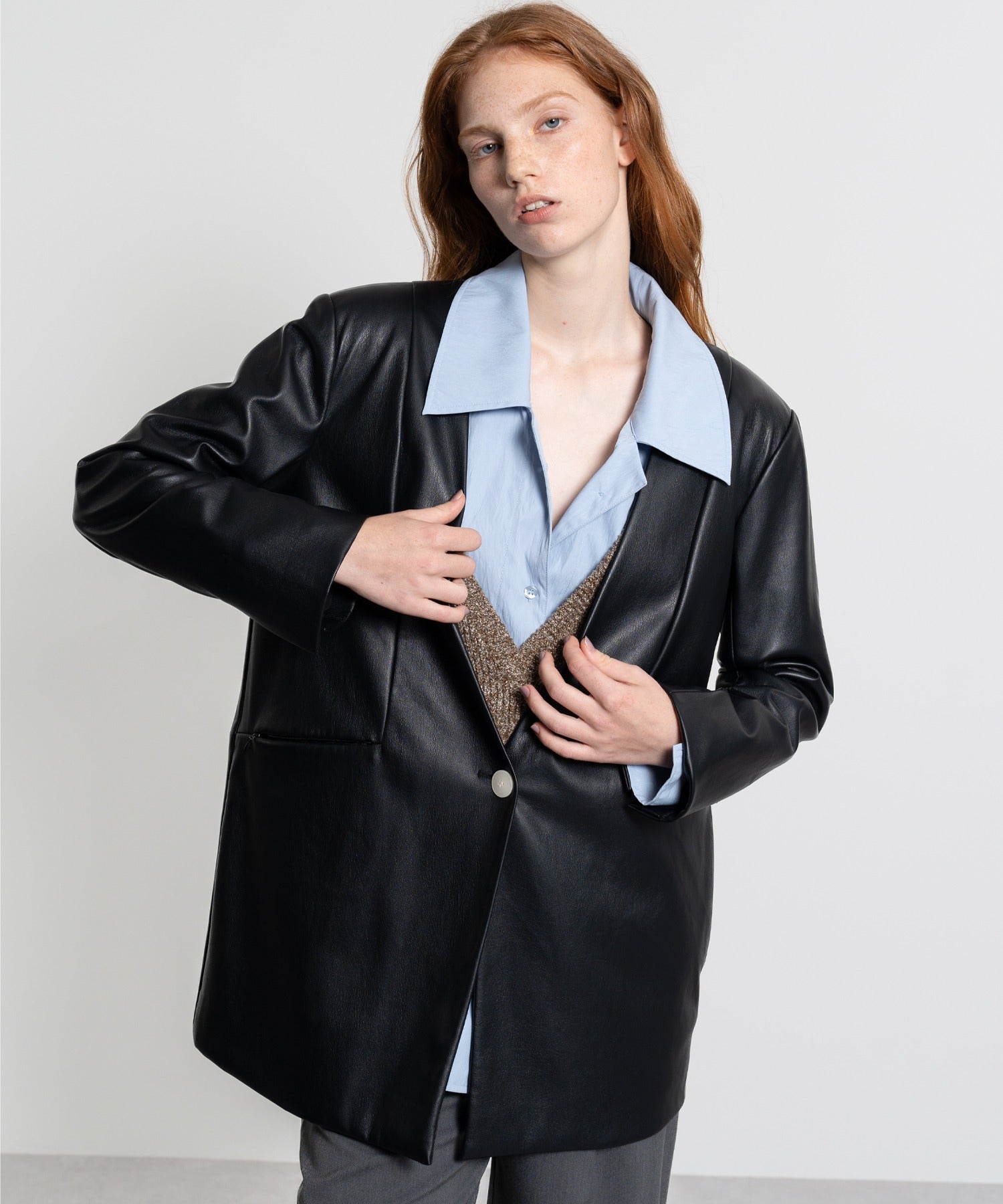 Faux Leather No-Collar Jacket