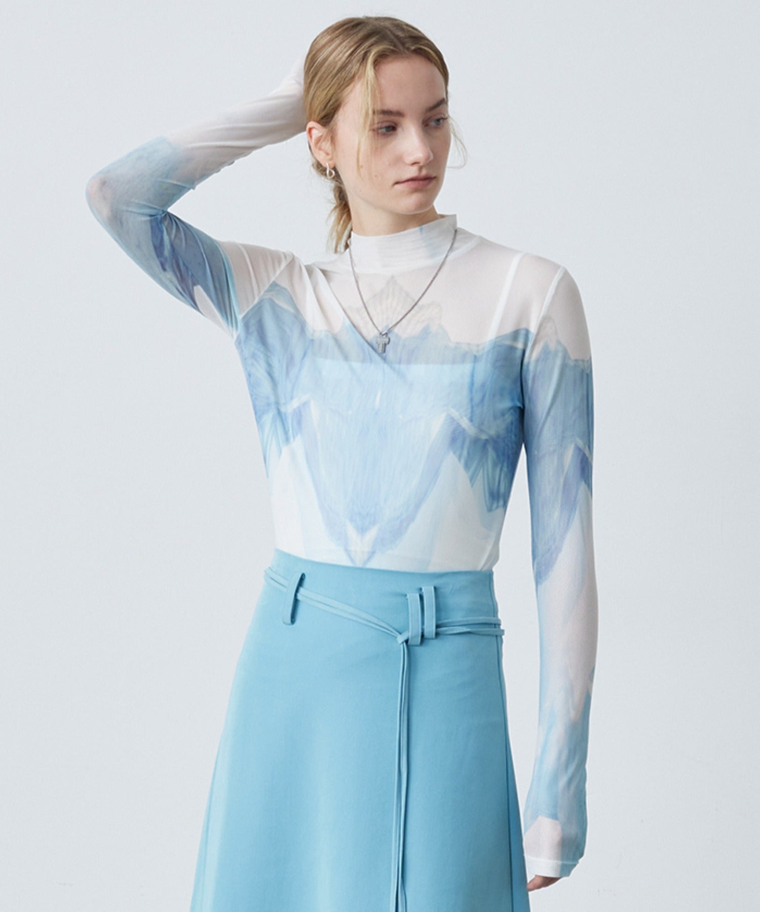 Sheer Printed High-Neck Top