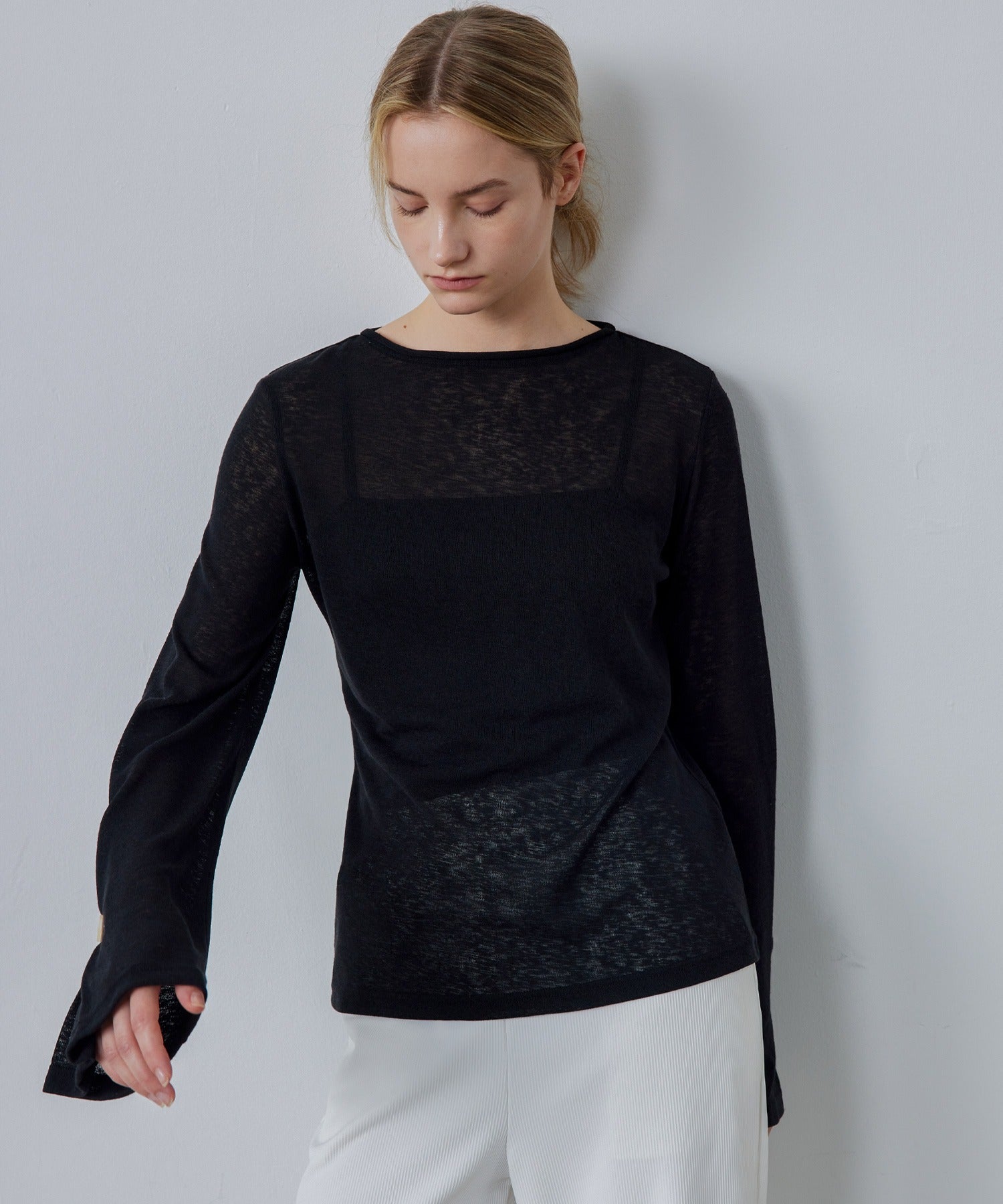 Sheer Knit Flare Sleeve Long Tee