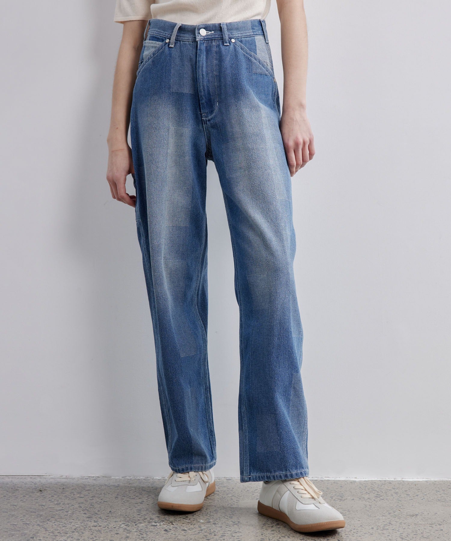 Patchwork-like Vintage Wash Denim Pants