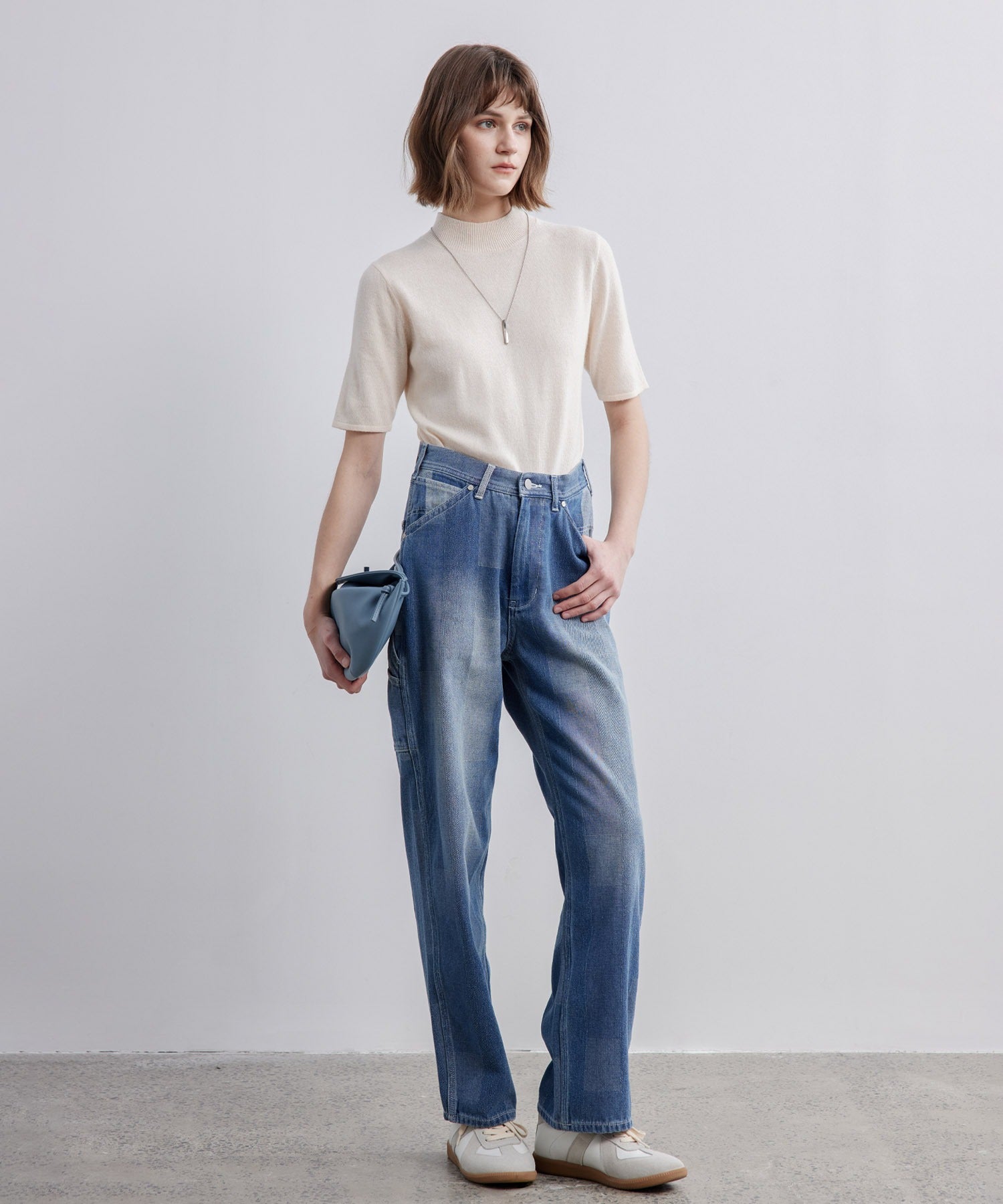 Patchwork-like Vintage Wash Denim Pants