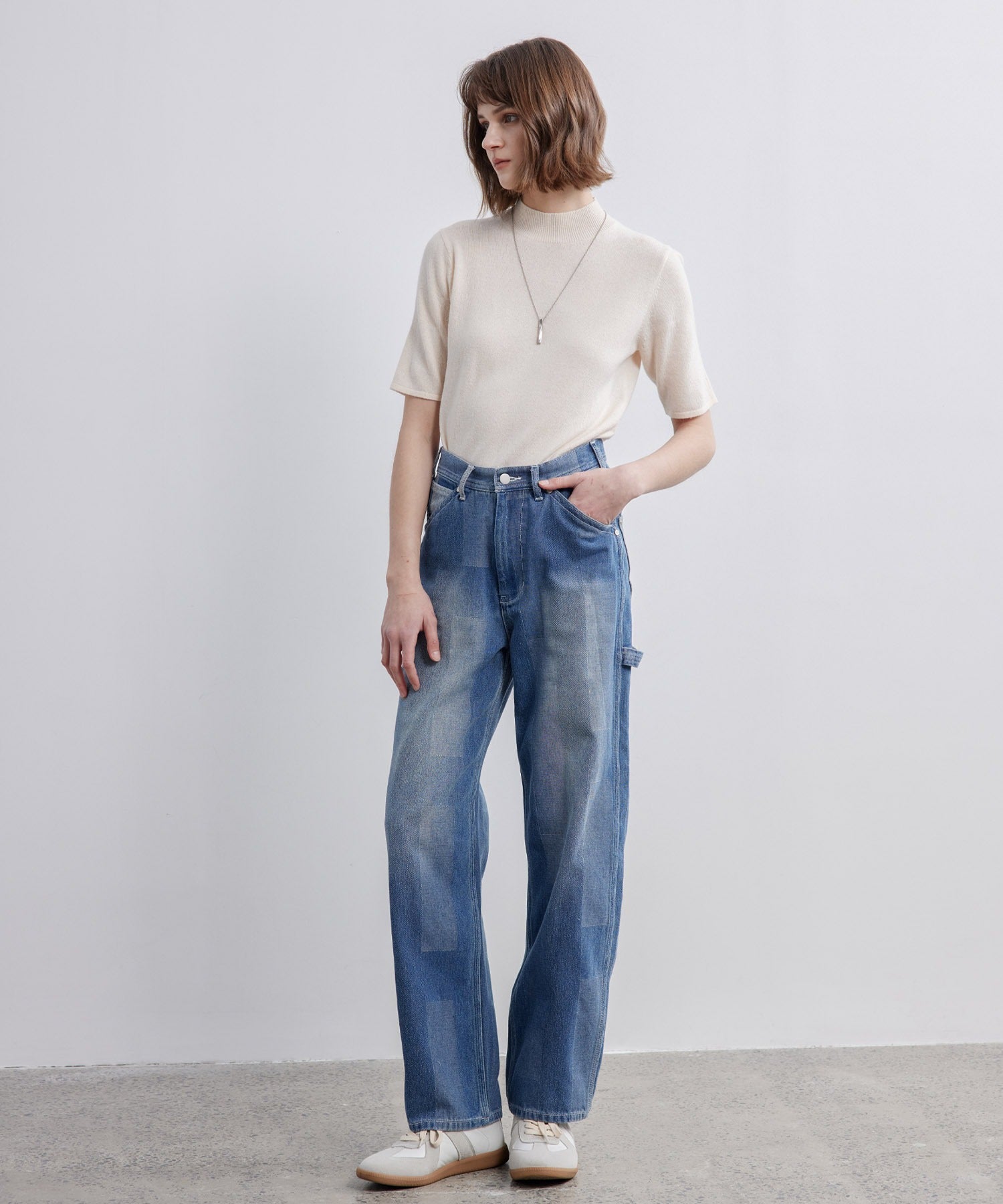 Patchwork-like Vintage Wash Denim Pants