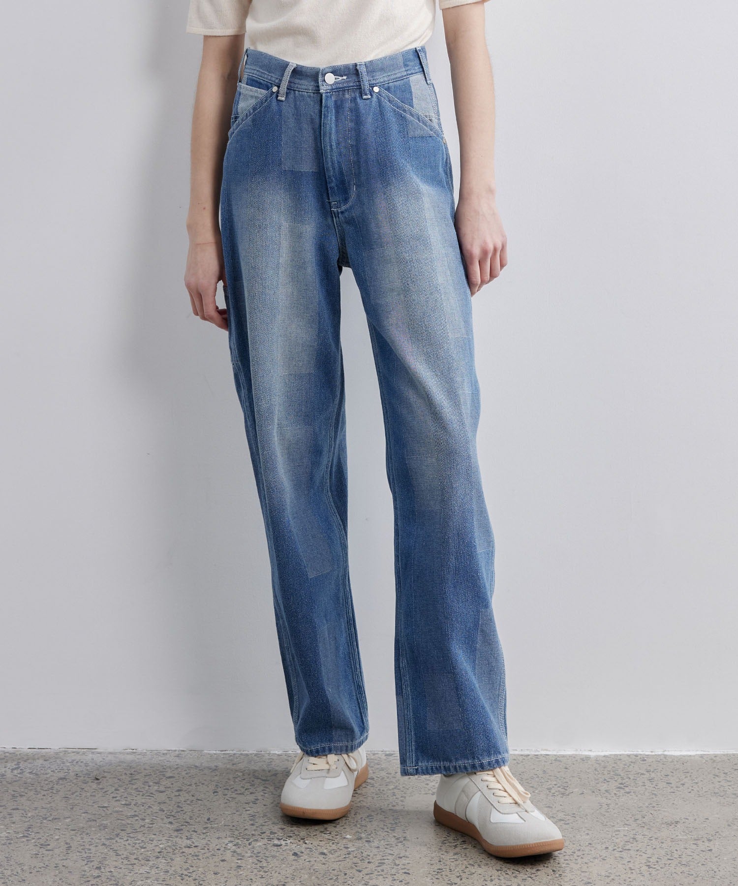 Patchwork-like Vintage Wash Denim Pants