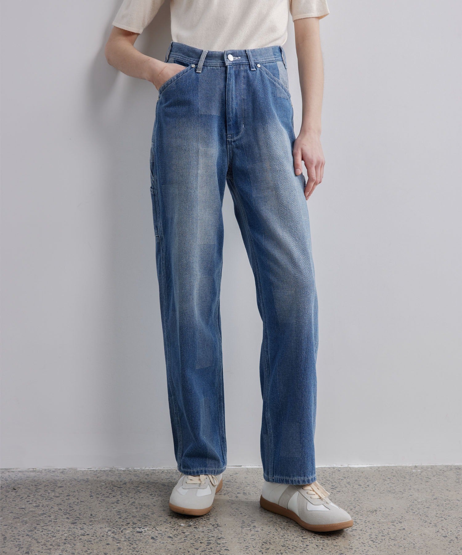 Patchwork-like Vintage Wash Denim Pants