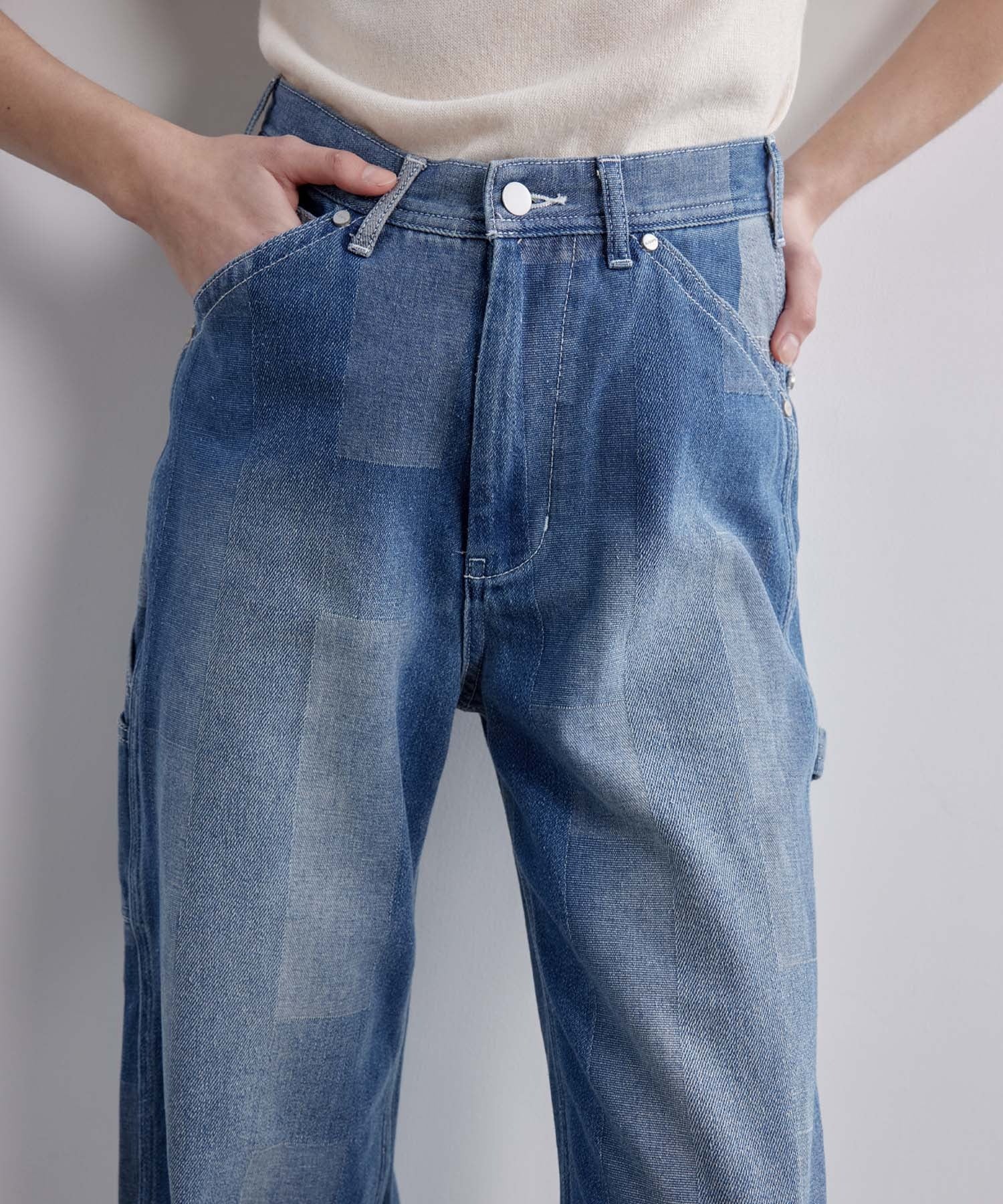 Patchwork-like Vintage Wash Denim Pants