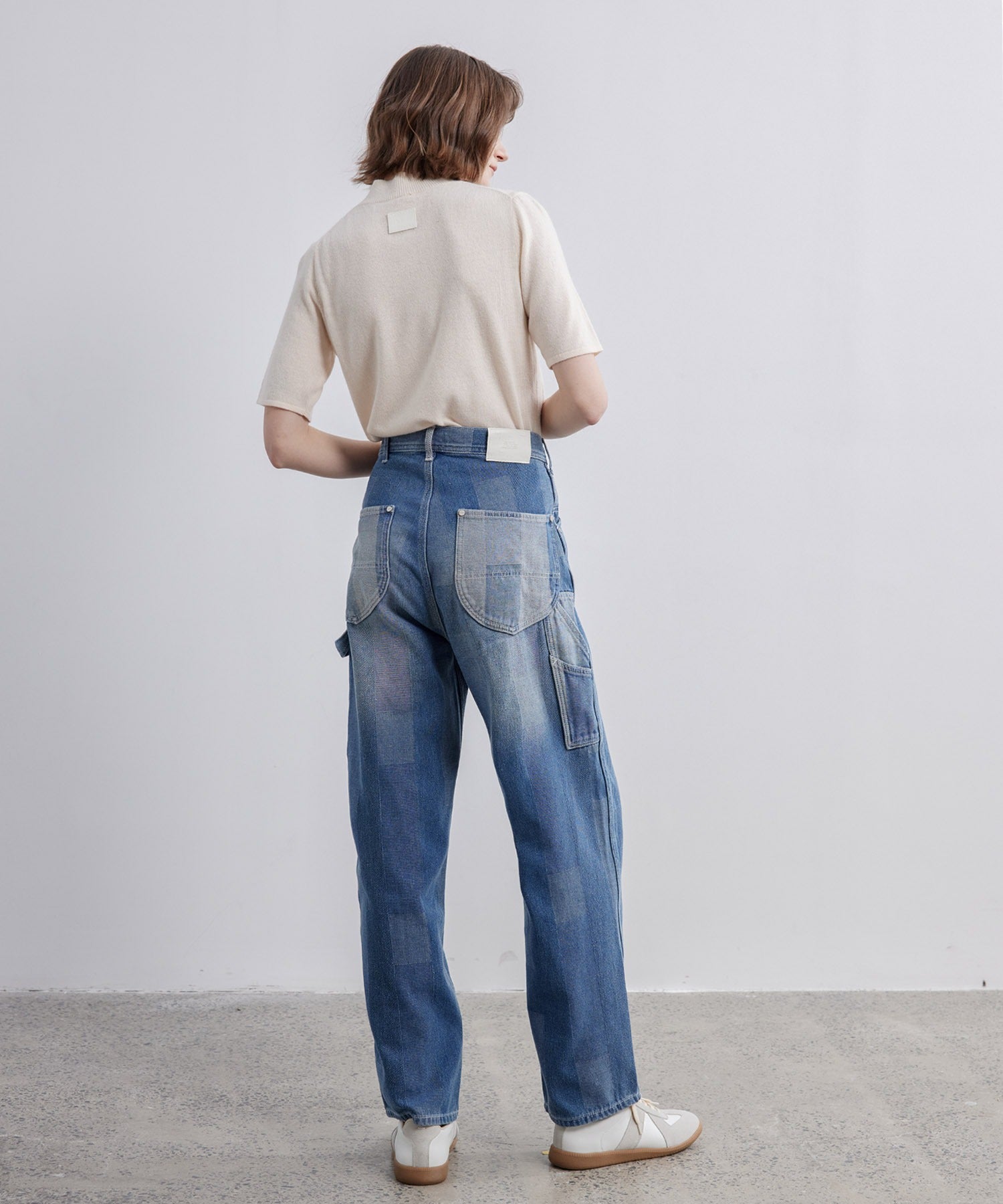 Patchwork-like Vintage Wash Denim Pants