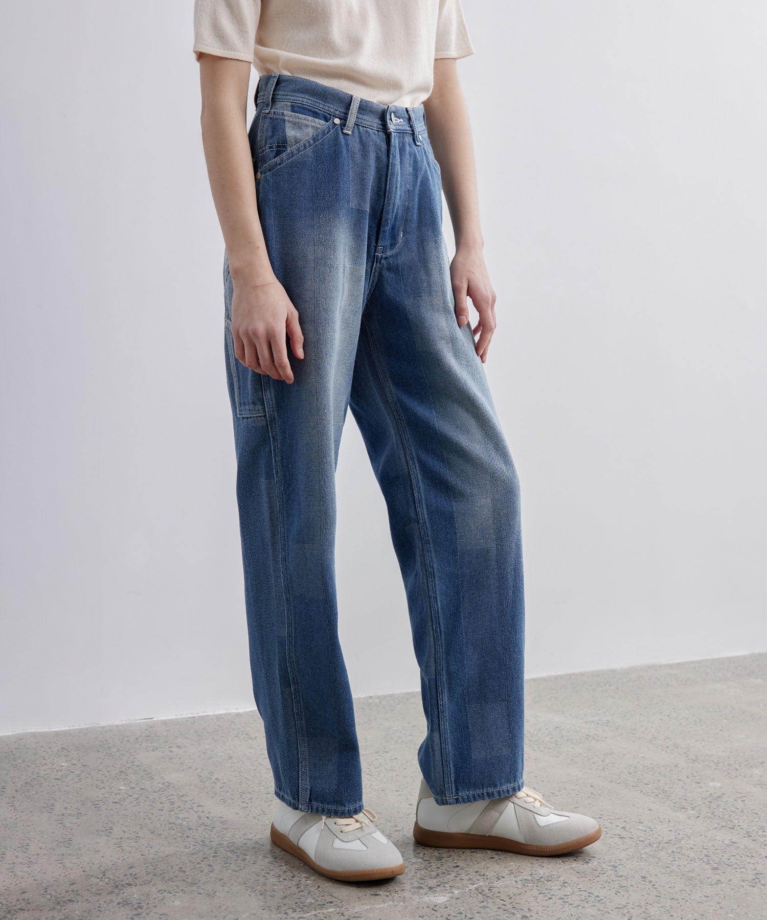 Patchwork-like Vintage Wash Denim Pants