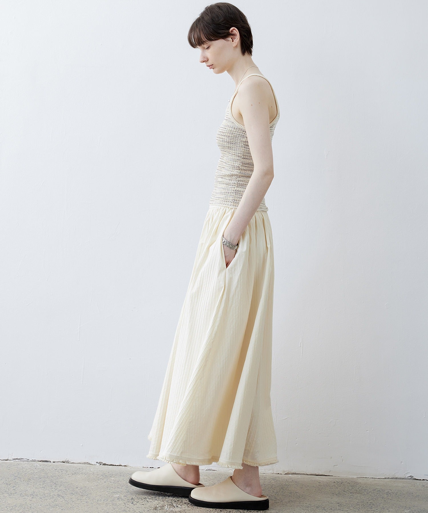 Fringe Panel Textured A-Line Maxi Skirt