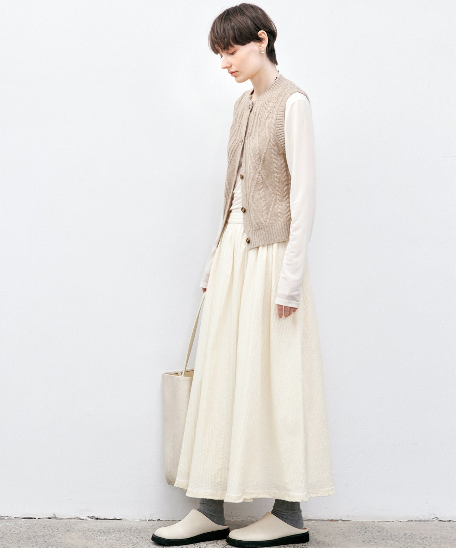 Fringe Panel Textured A-Line Maxi Skirt