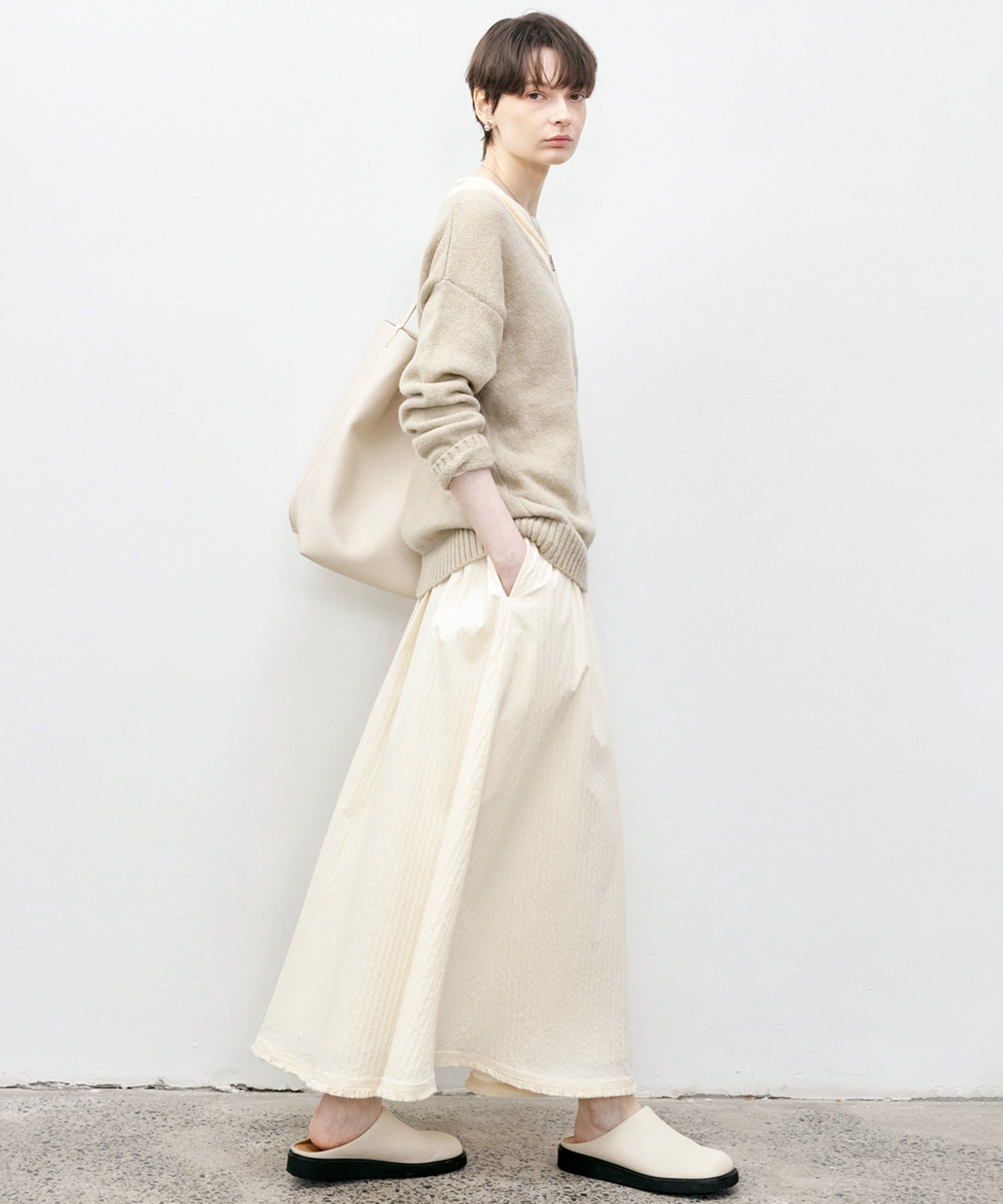 Fringe Panel Textured A-Line Maxi Skirt