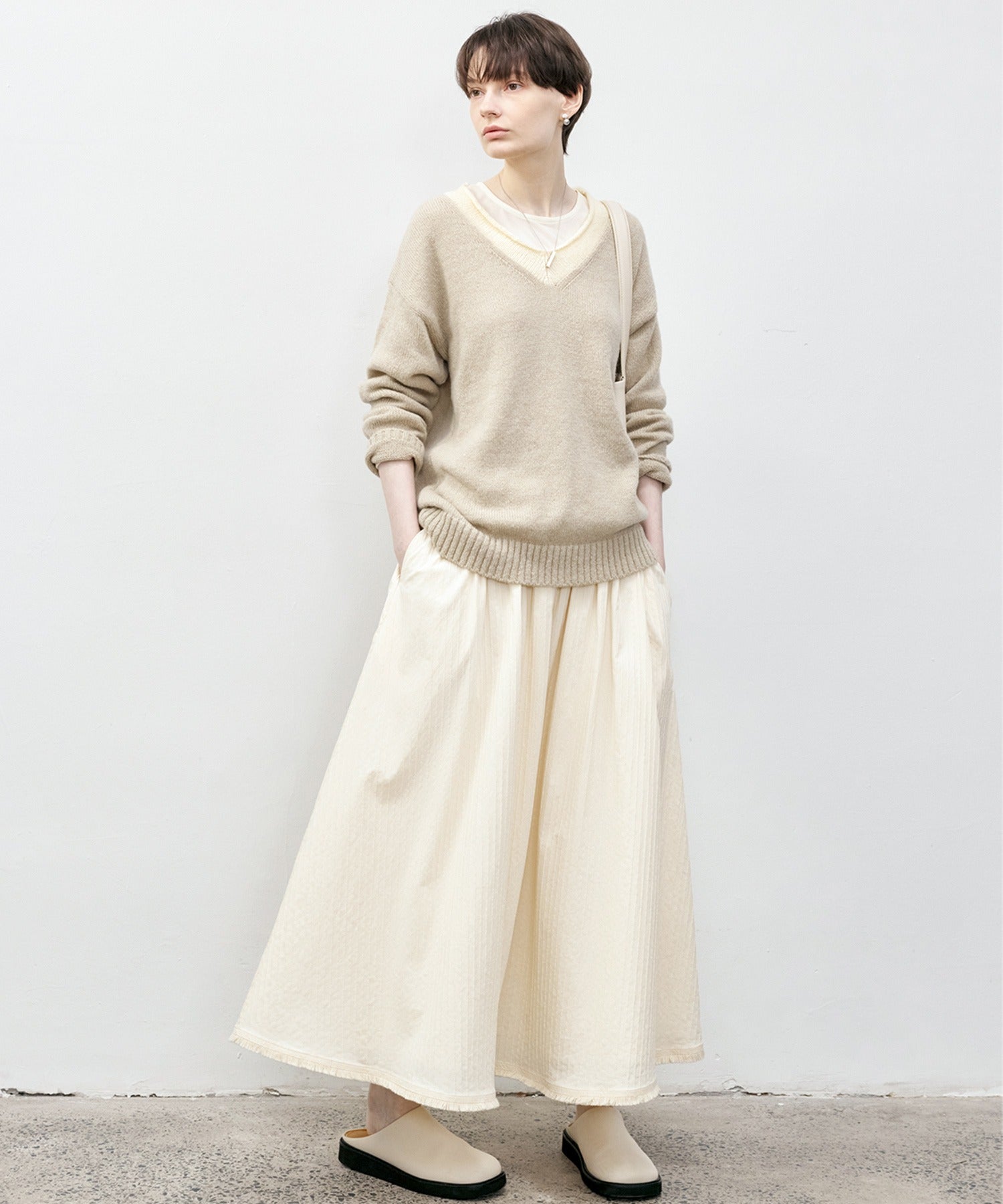 Fringe Panel Textured A-Line Maxi Skirt