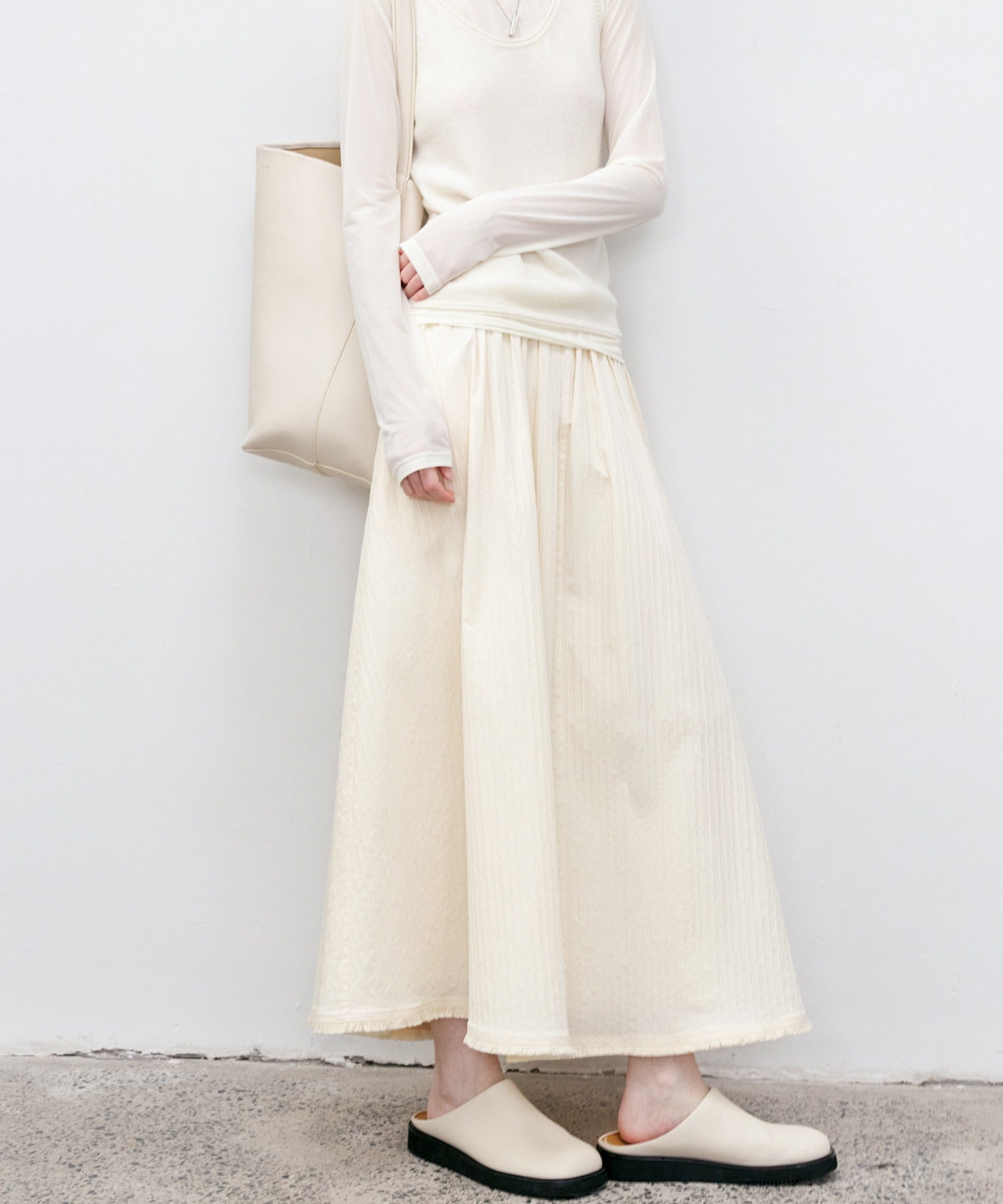 Fringe Panel Textured A-Line Maxi Skirt