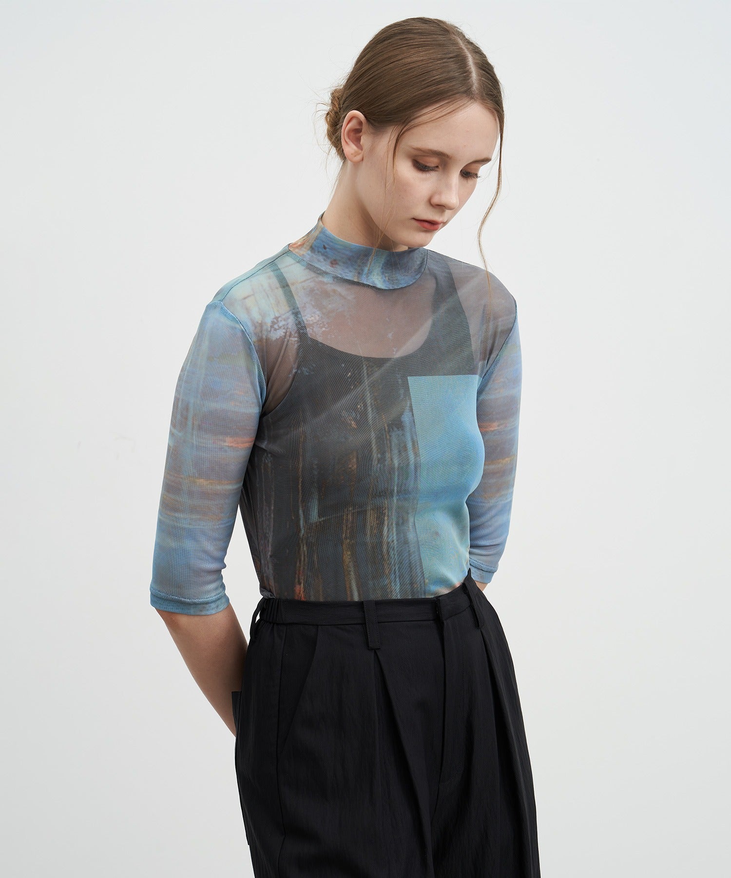 Printed Mesh Semi-Sheer Top