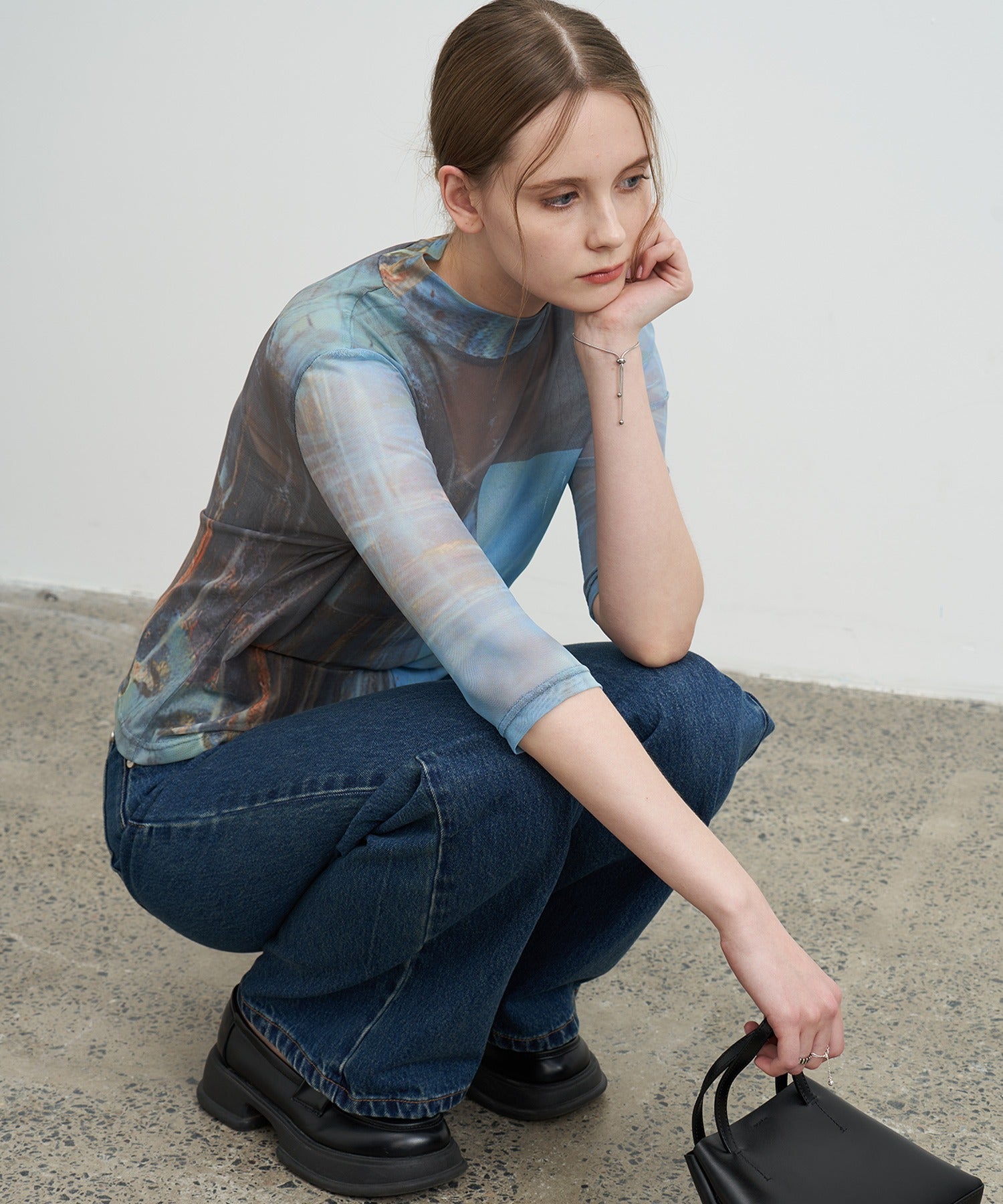 Printed Mesh Semi-Sheer Top