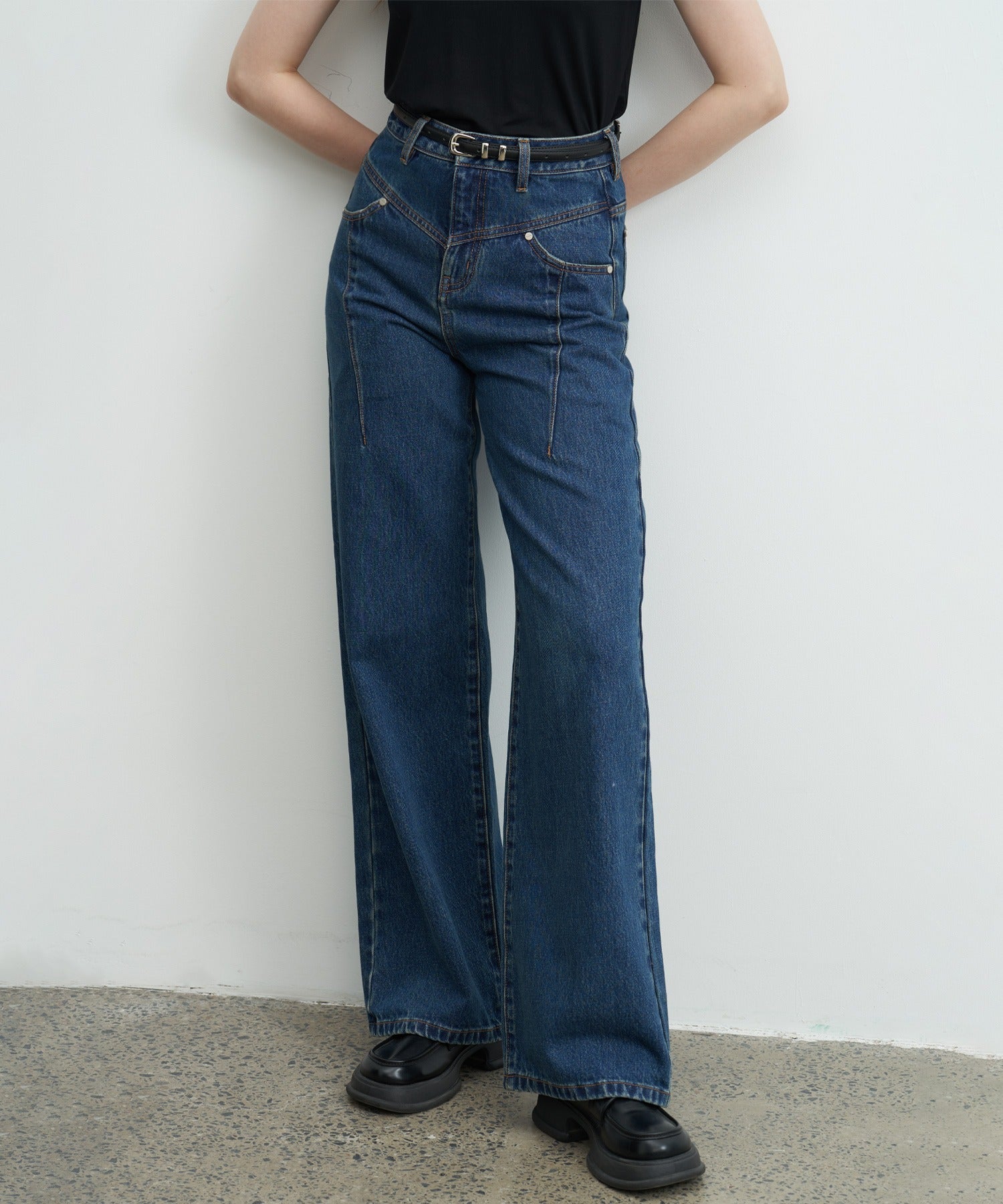 High-Rise Denim Pants with Waist Panel Detail