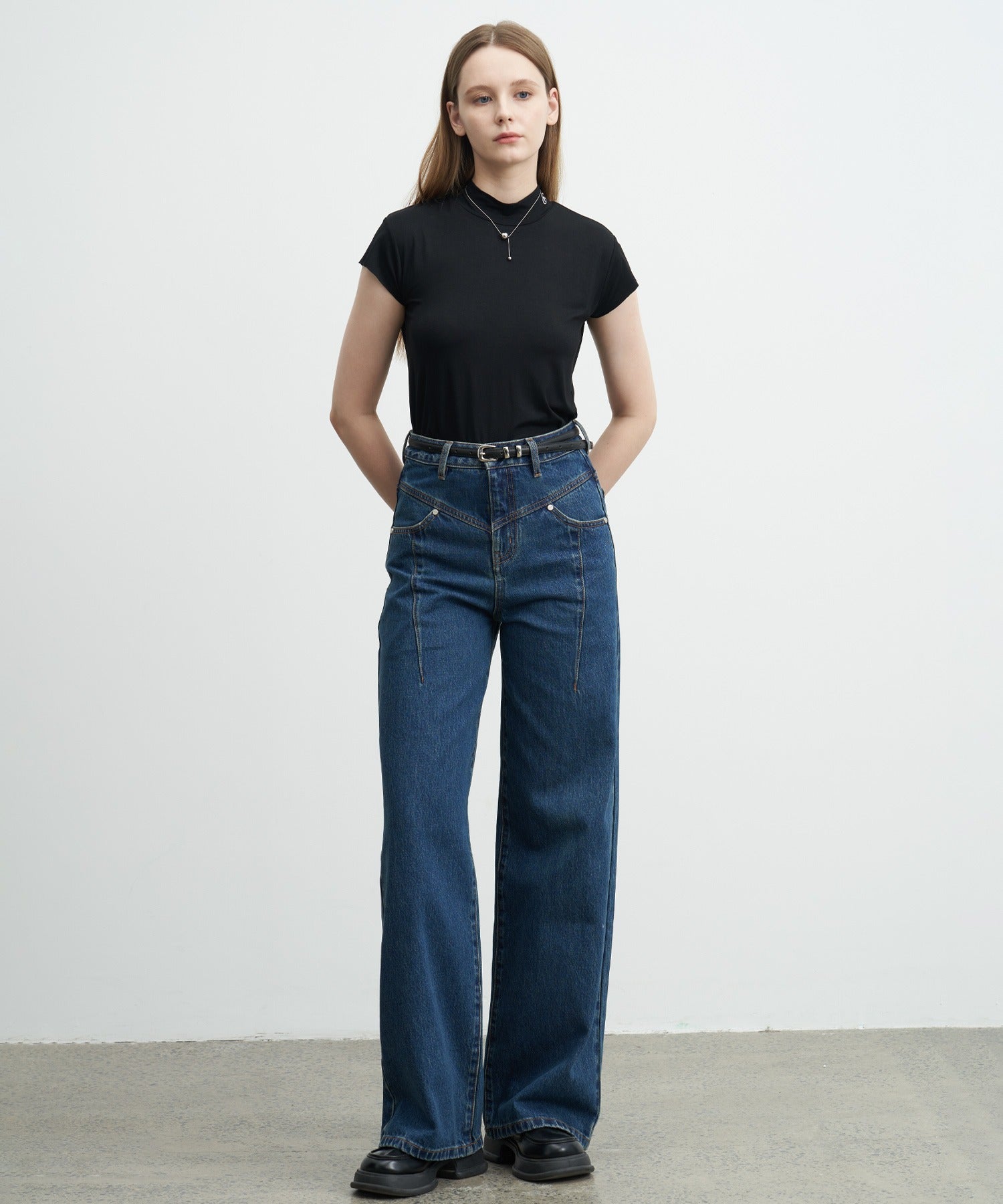 High-Rise Denim Pants with Waist Panel Detail