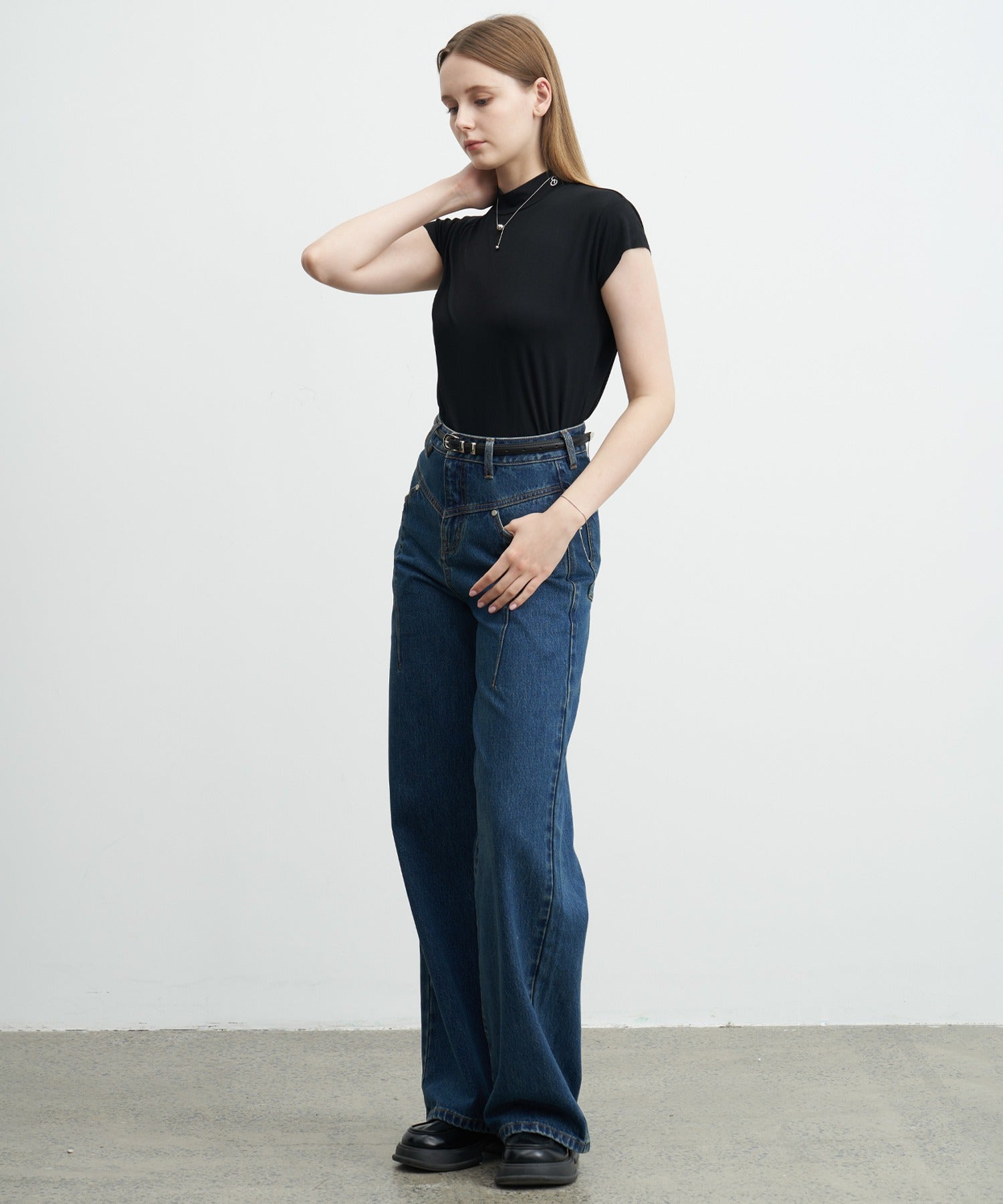 High-Rise Denim Pants with Waist Panel Detail