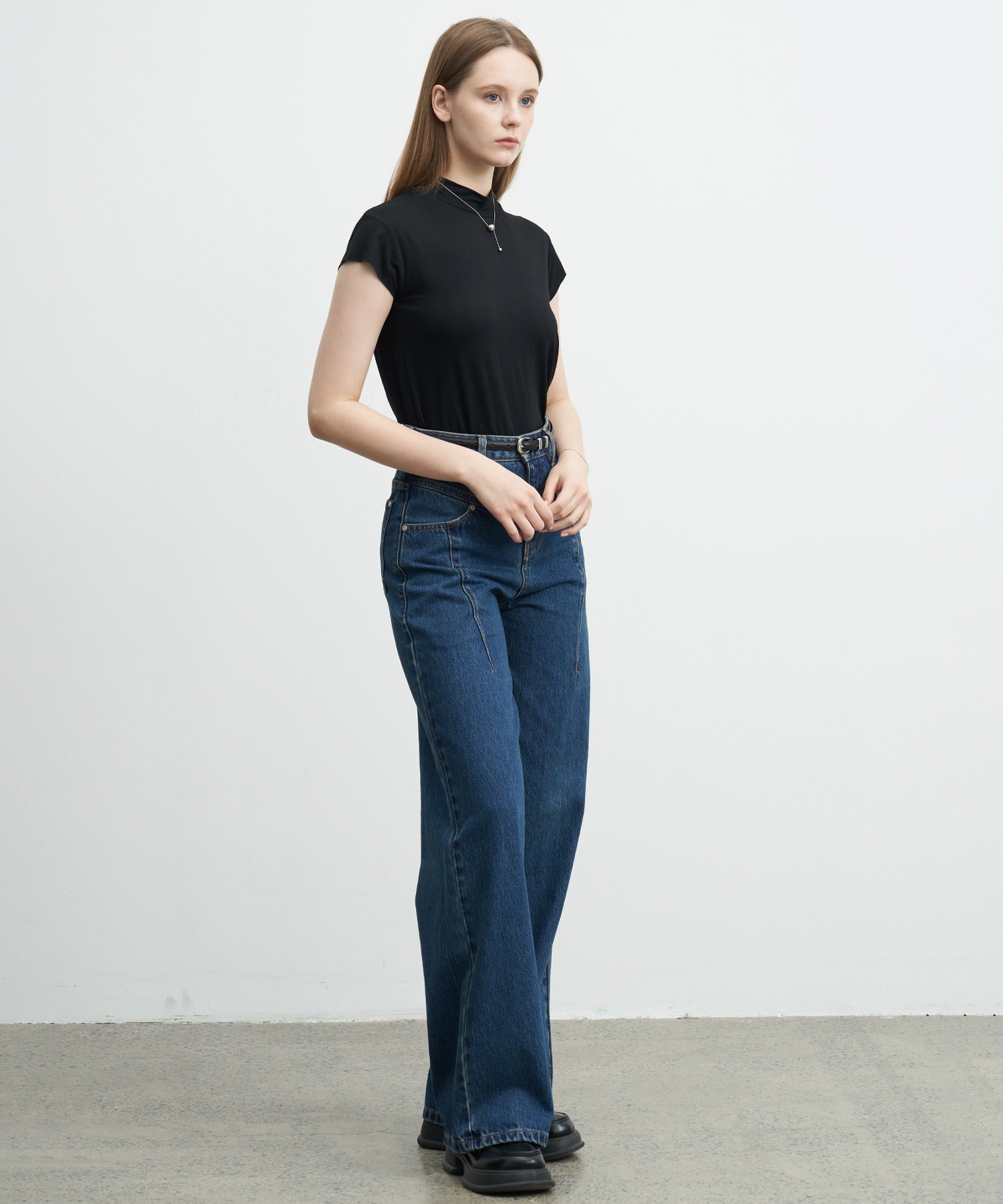 High-Rise Denim Pants with Waist Panel Detail