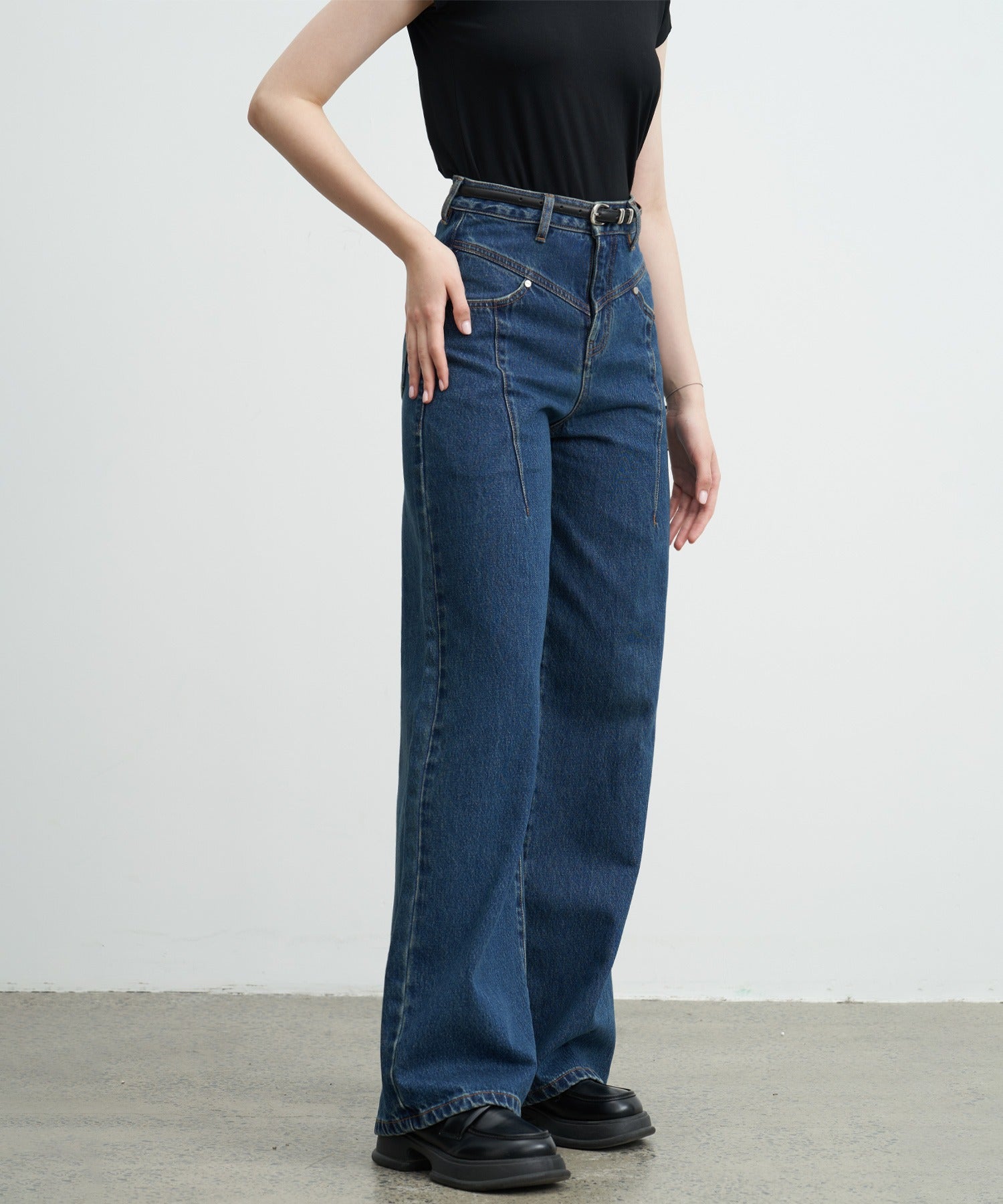 High-Rise Denim Pants with Waist Panel Detail
