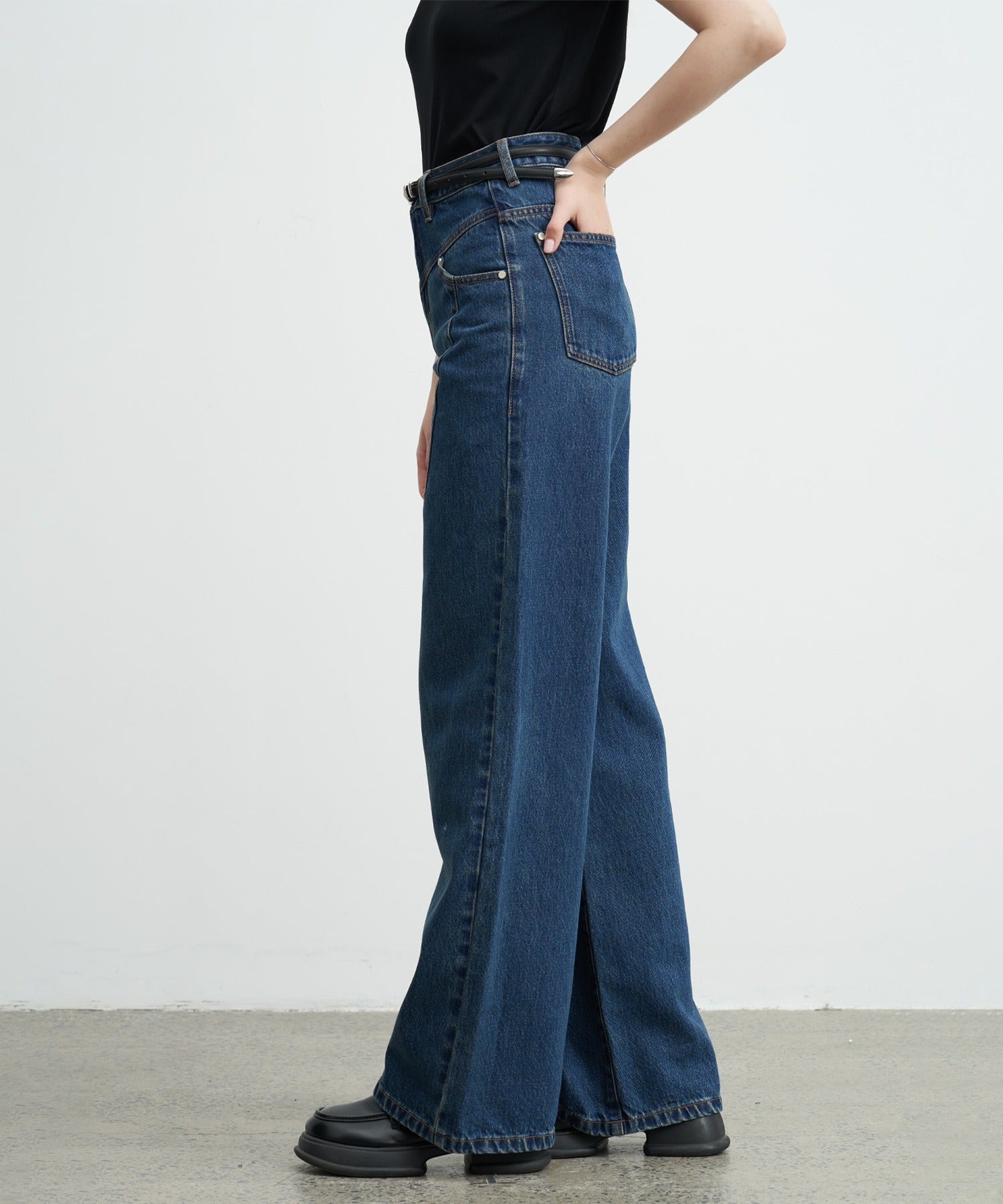 High-Rise Denim Pants with Waist Panel Detail