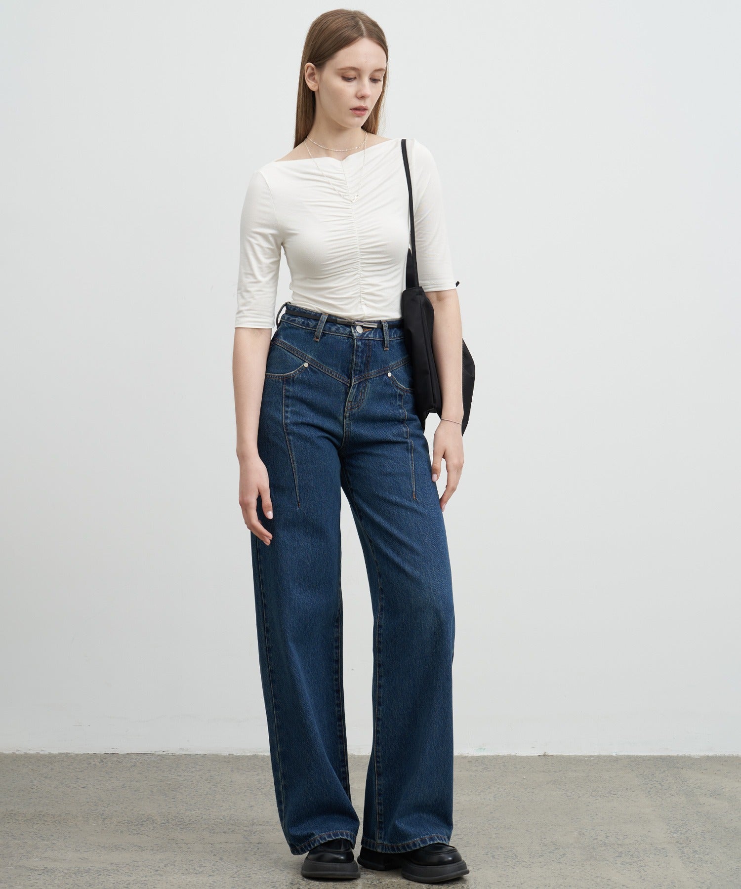 High-Rise Denim Pants with Waist Panel Detail