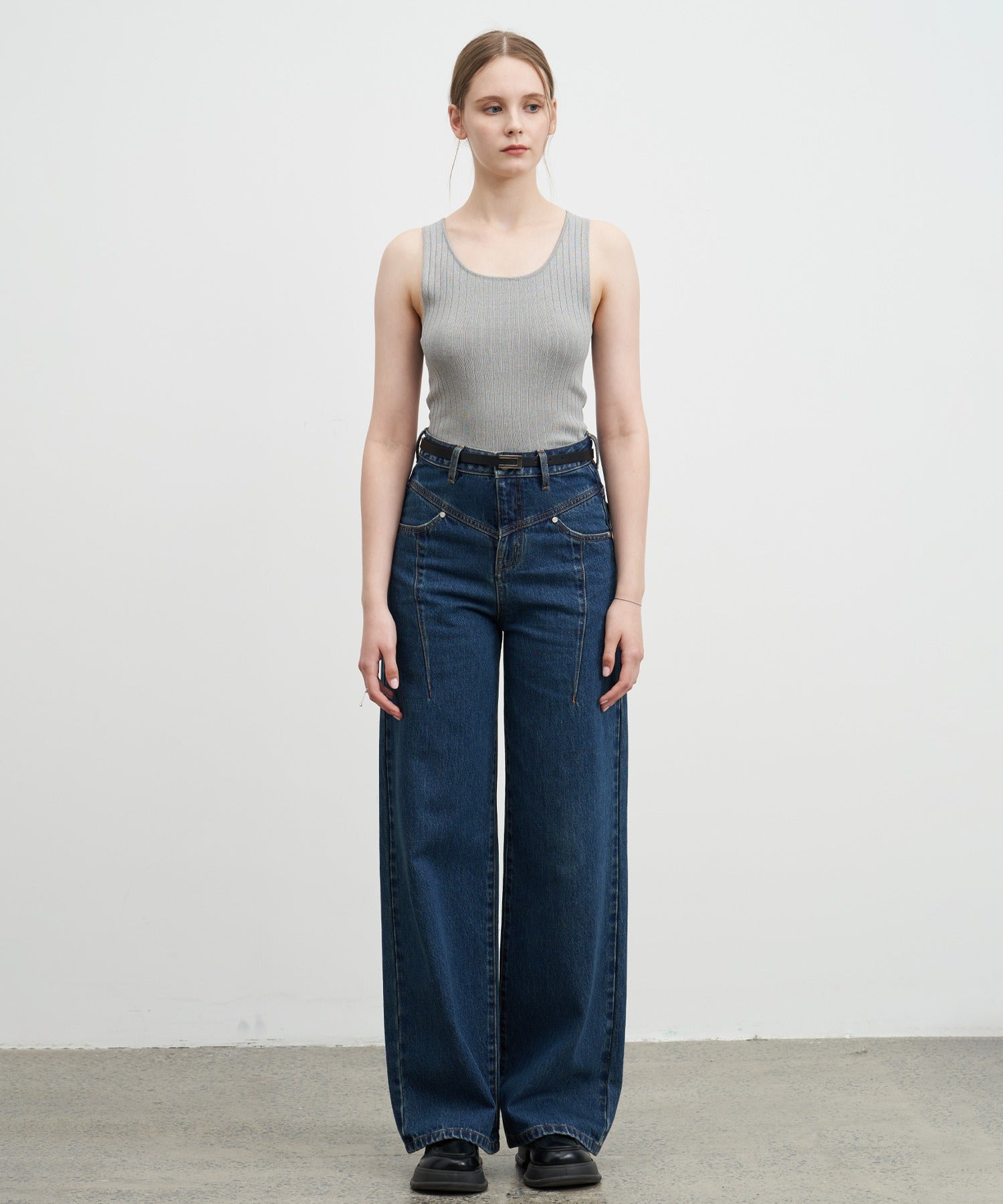 High-Rise Denim Pants with Waist Panel Detail