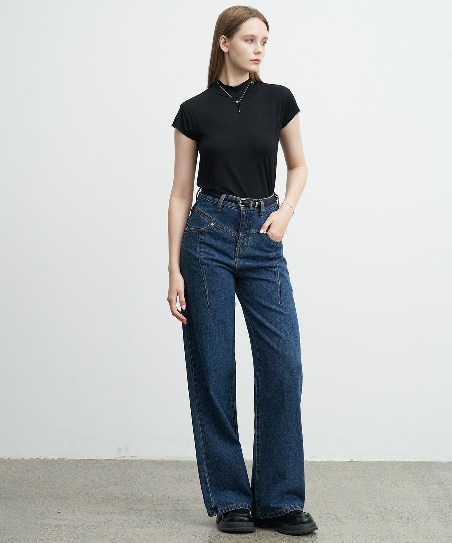 High-Rise Denim Pants with Waist Panel Detail
