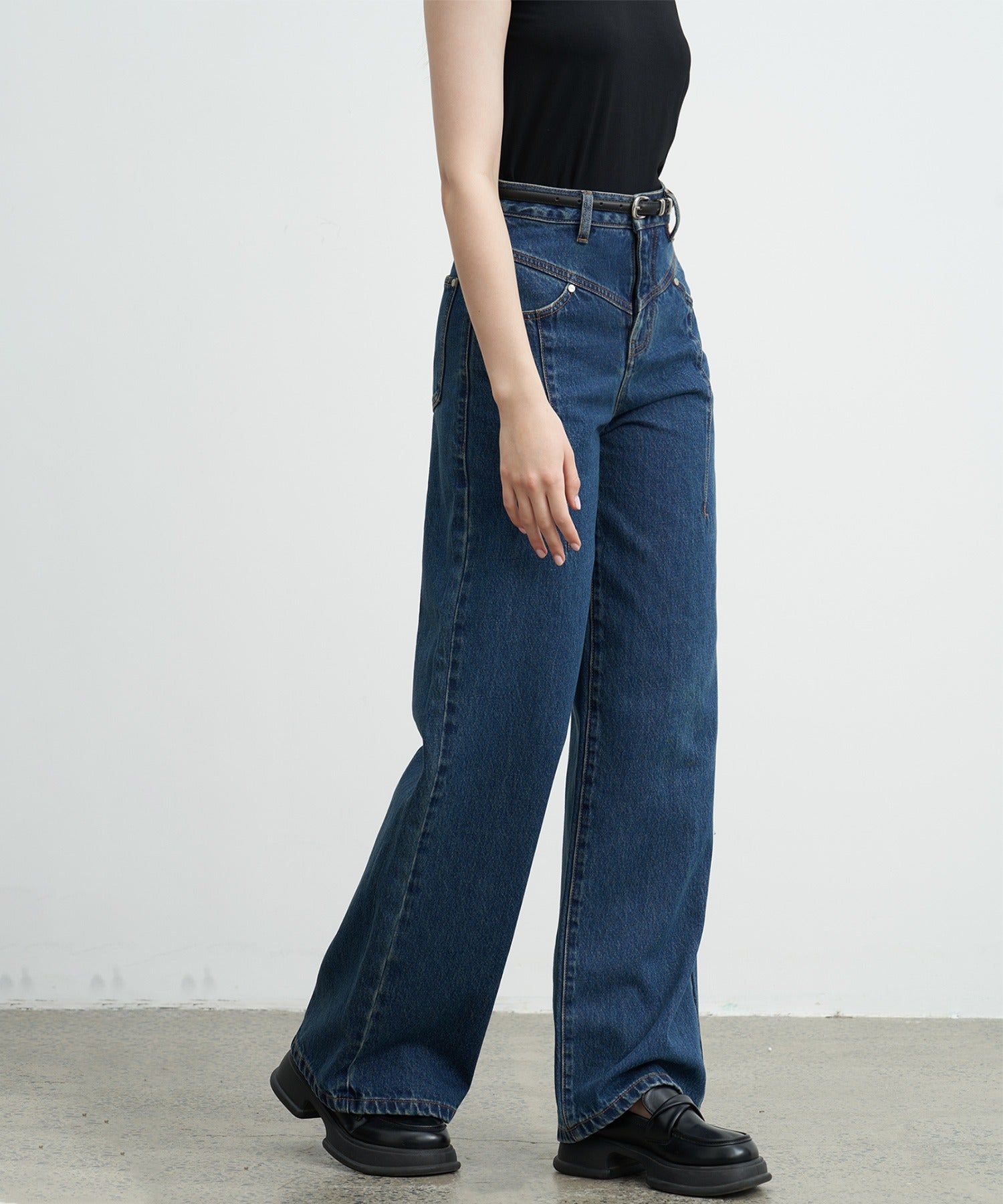 High-Rise Denim Pants with Waist Panel Detail