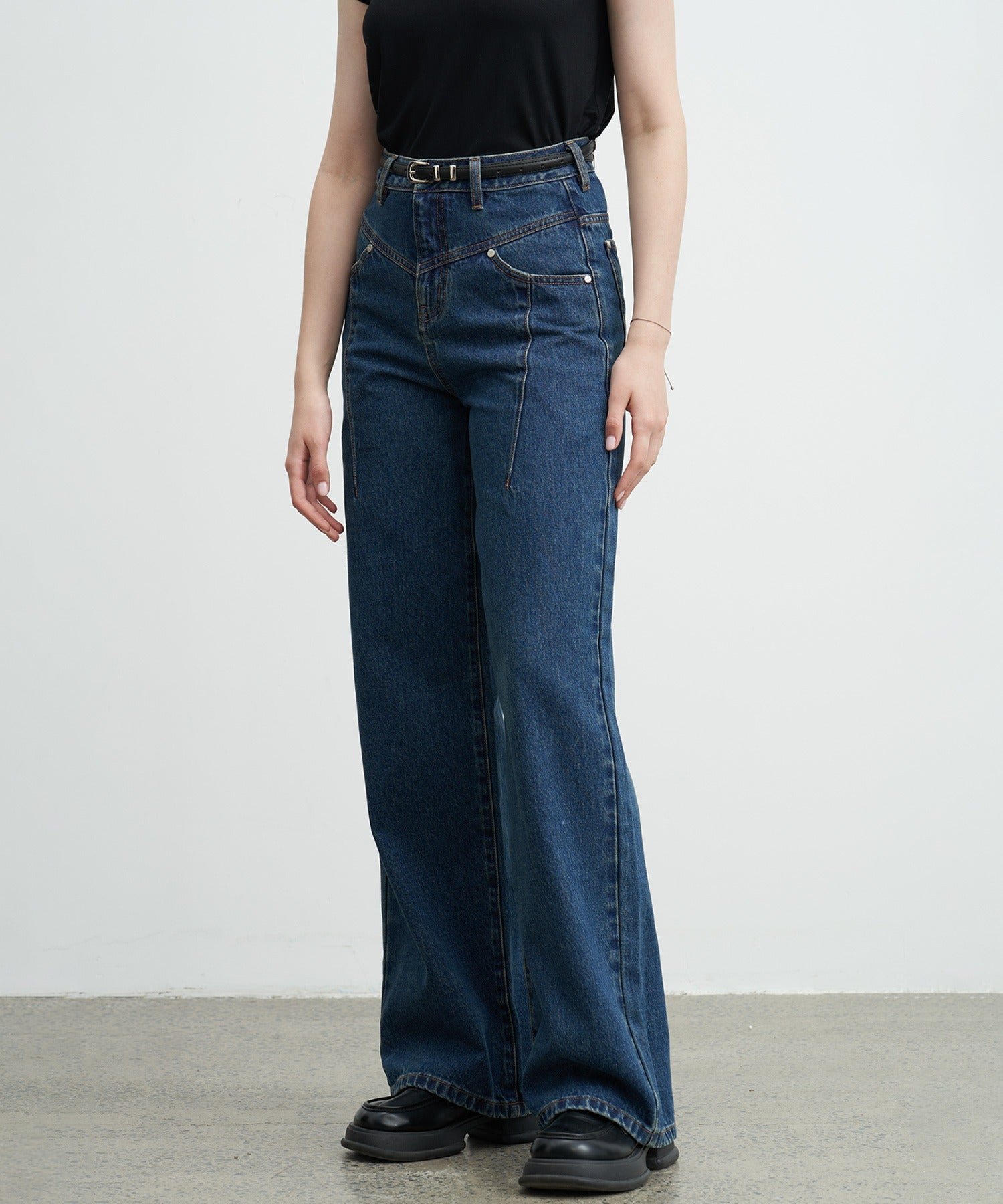 High-Rise Denim Pants with Waist Panel Detail