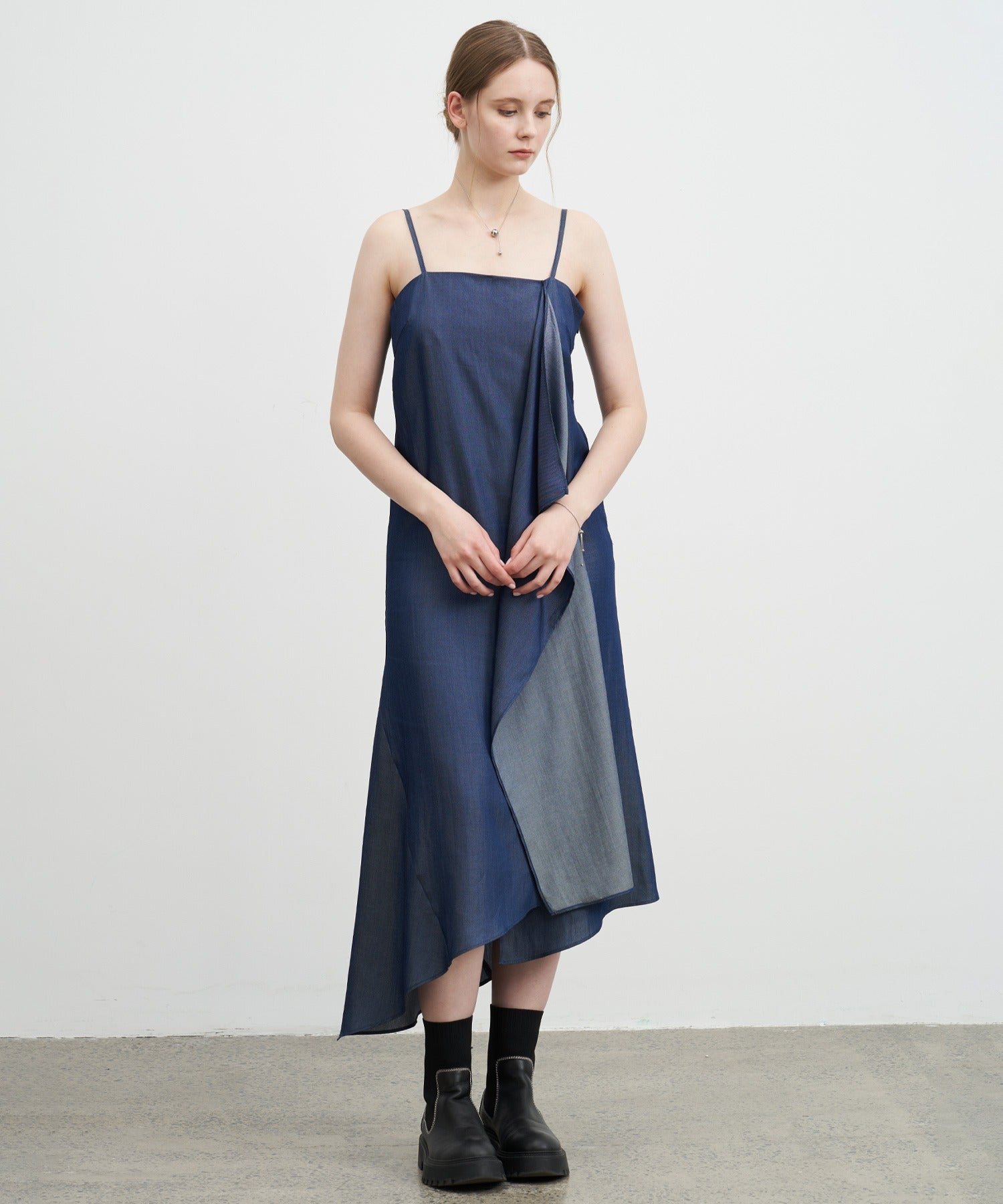 Denim Side Frill Drape Camisole Dress