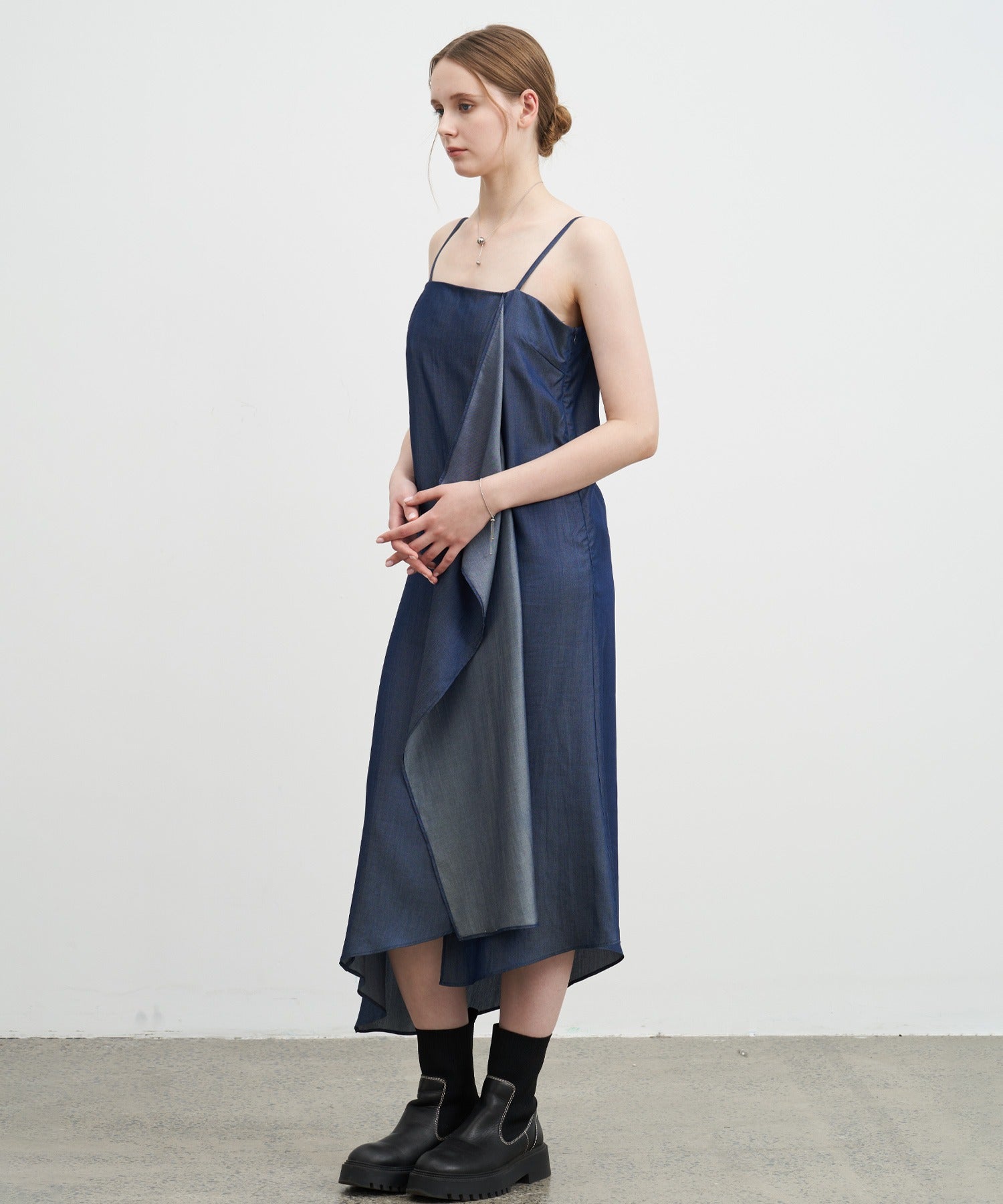 Denim Side Frill Drape Camisole Dress