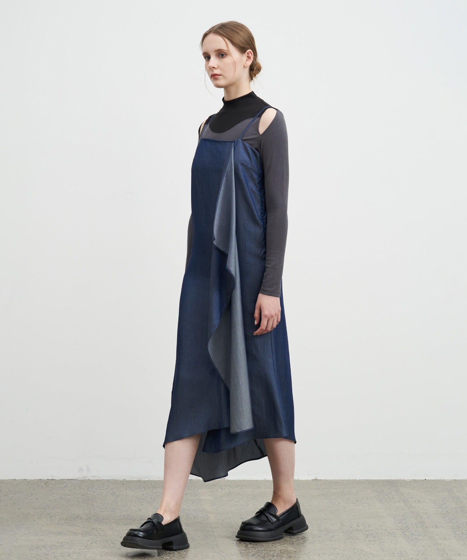 Denim Side Frill Drape Camisole Dress