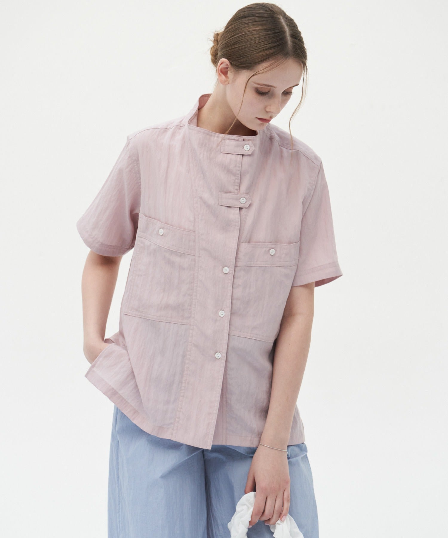 Mock Neck Washed Big Pocket Shirt
