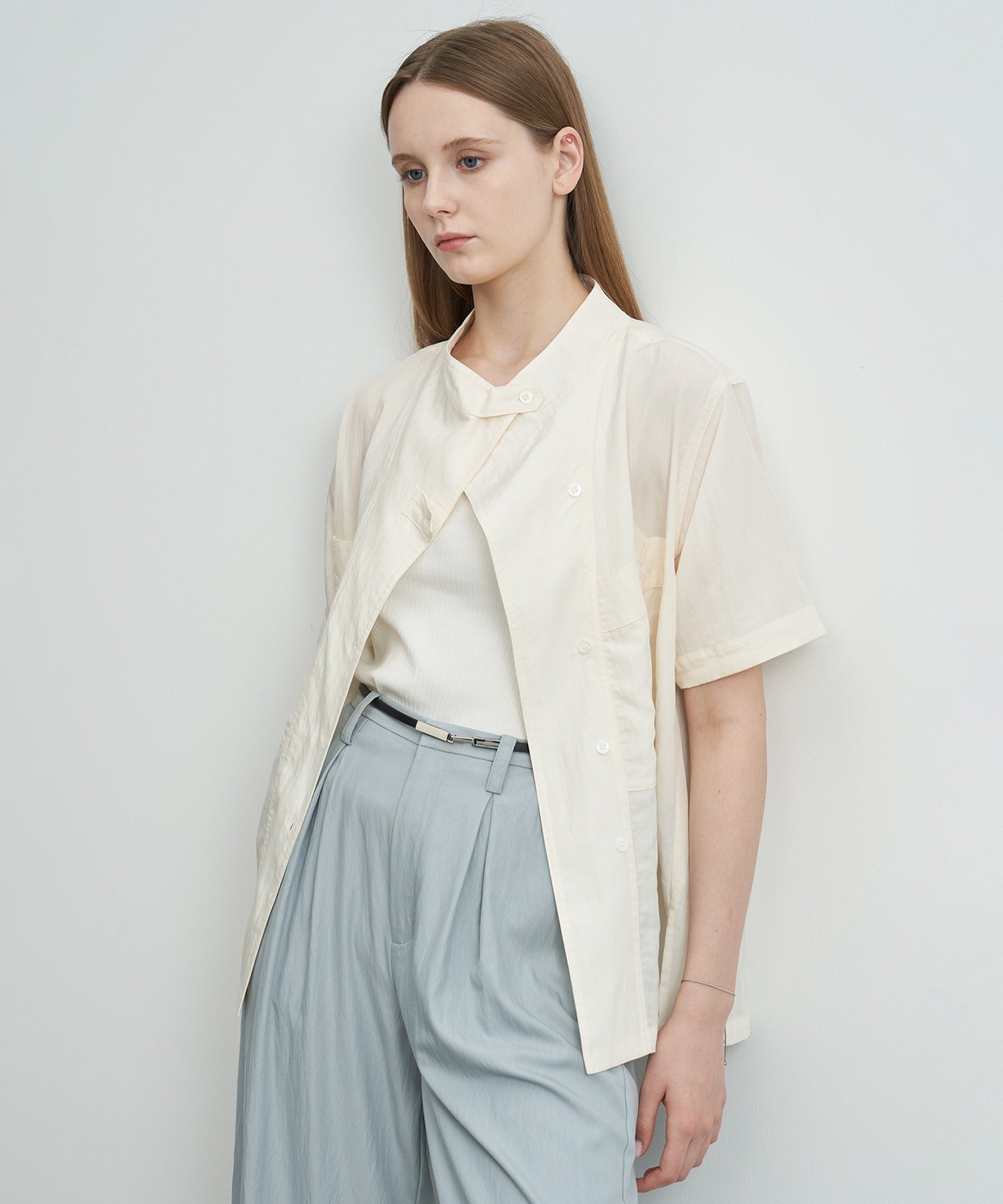 Mock Neck Washed Big Pocket Shirt