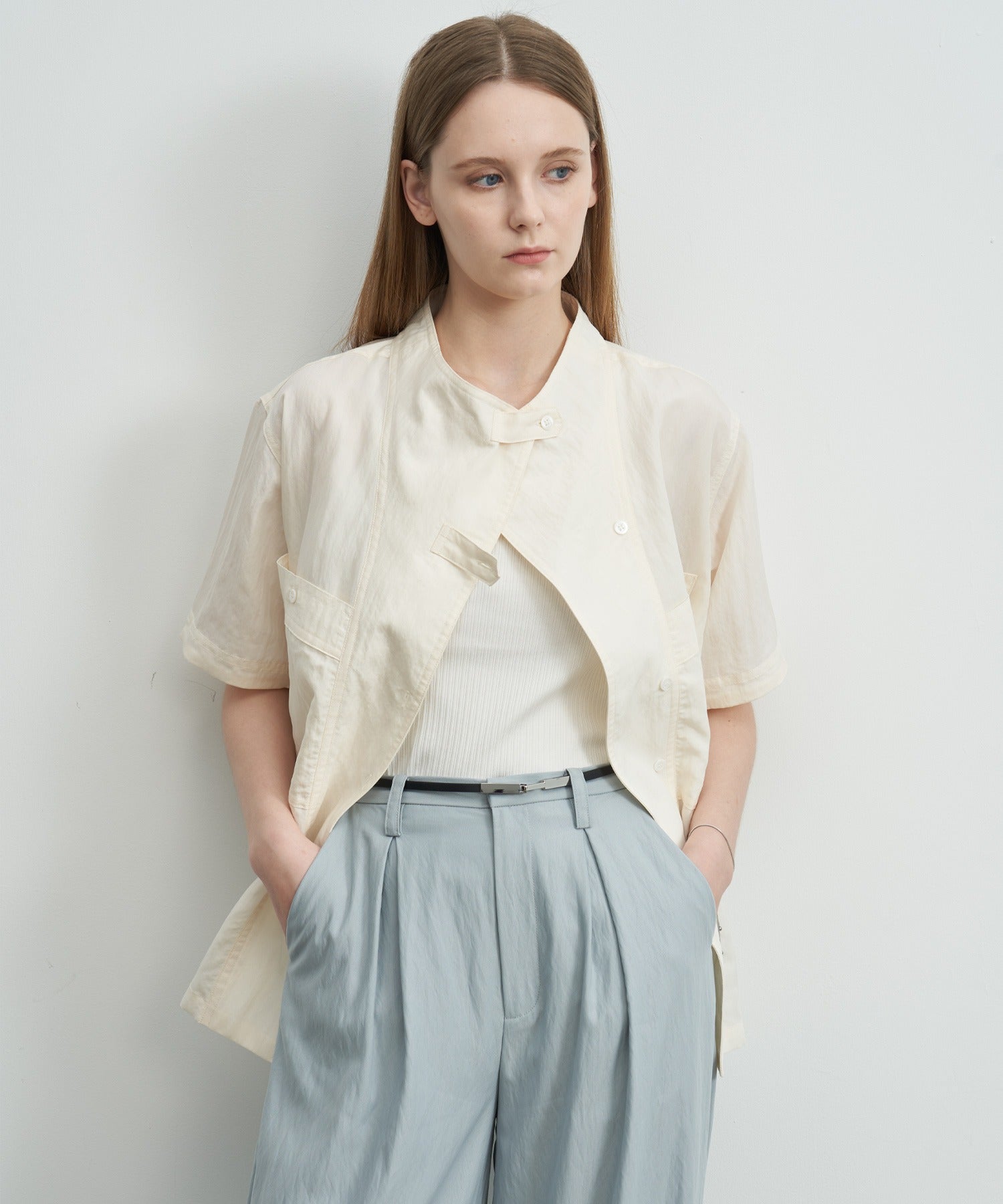 Mock Neck Washed Big Pocket Shirt