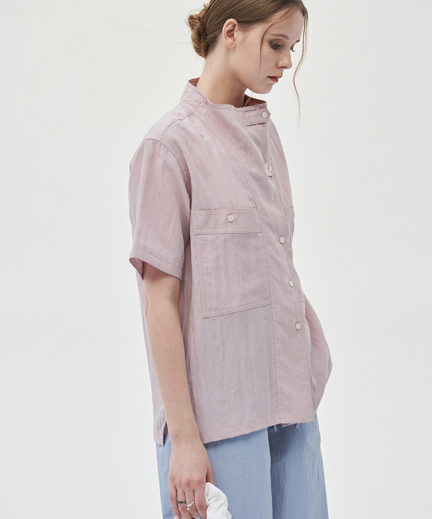 Mock Neck Washed Big Pocket Shirt