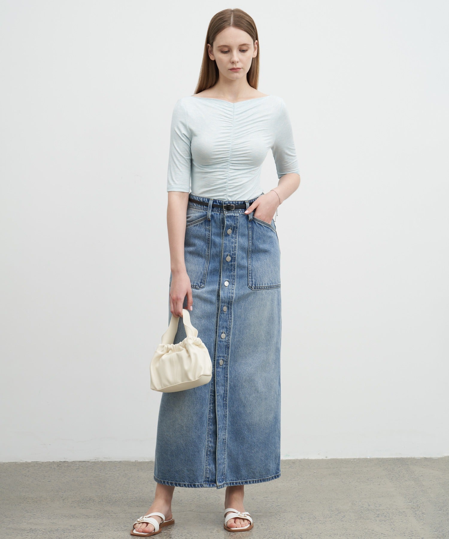 Button-front denim midi skirt