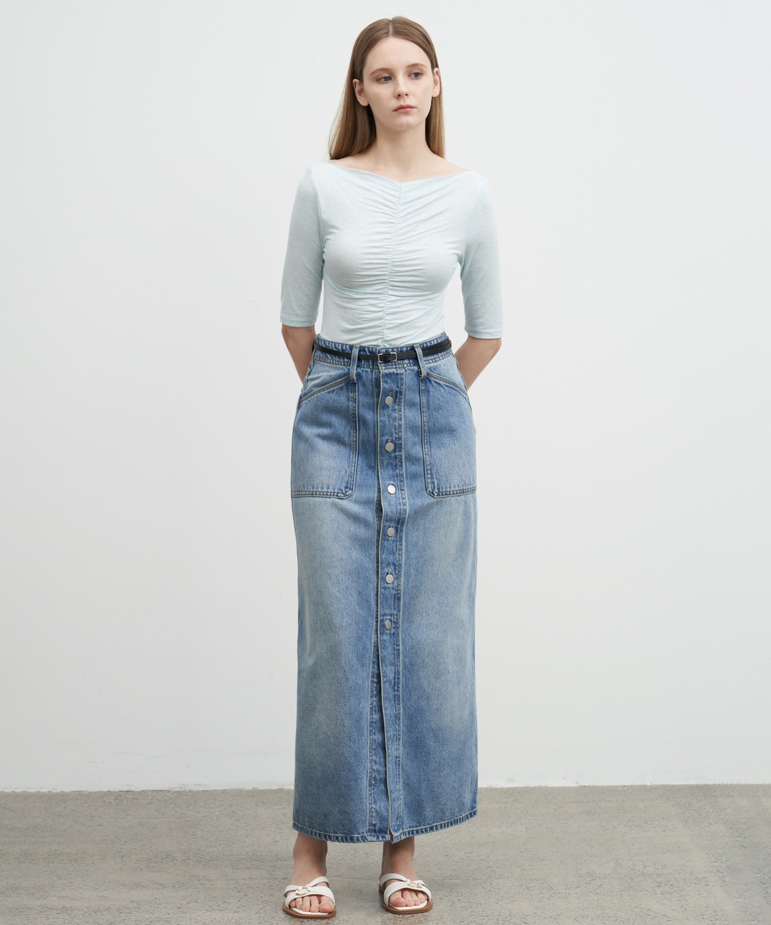 Button-front denim midi skirt