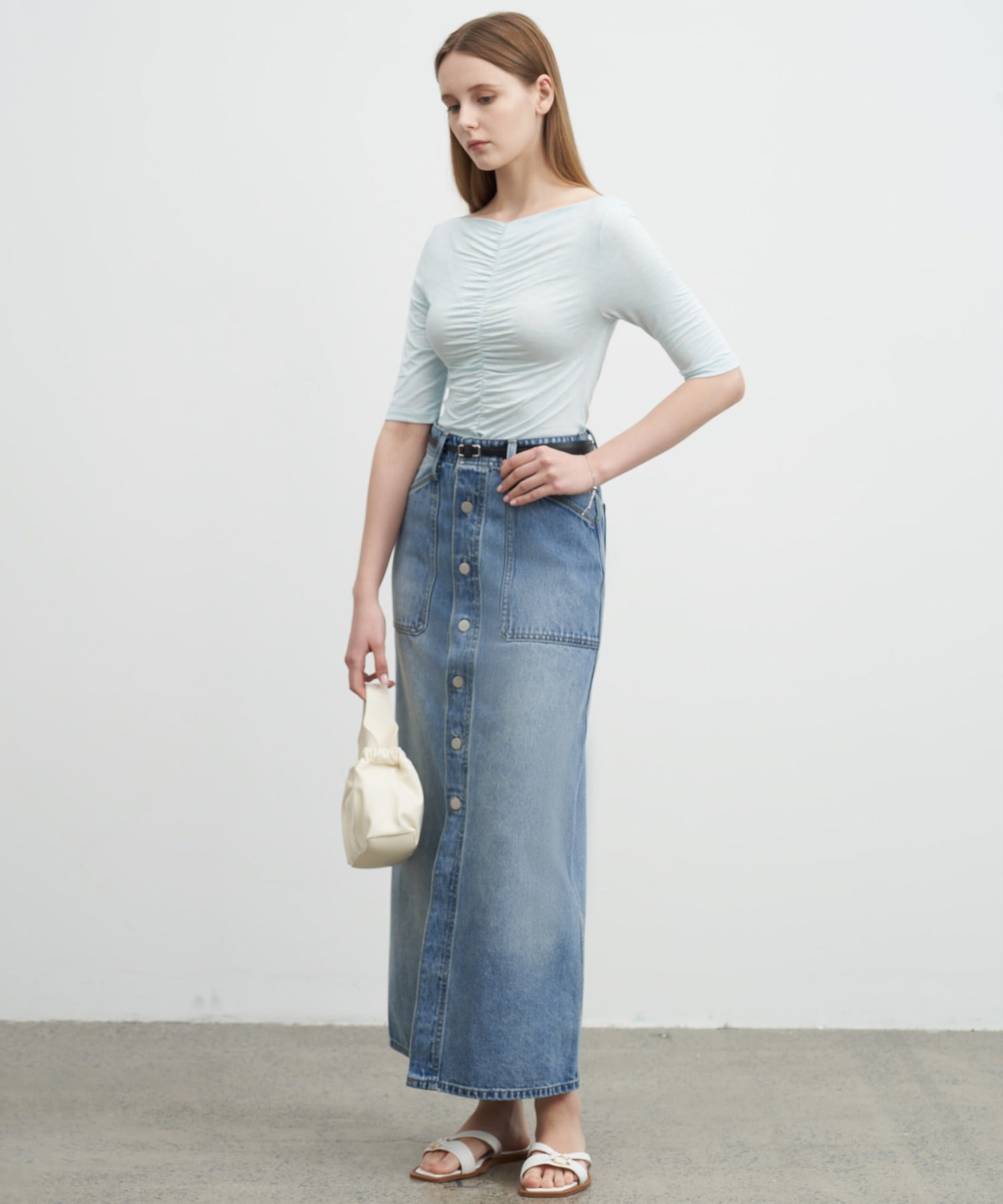Button-front denim midi skirt