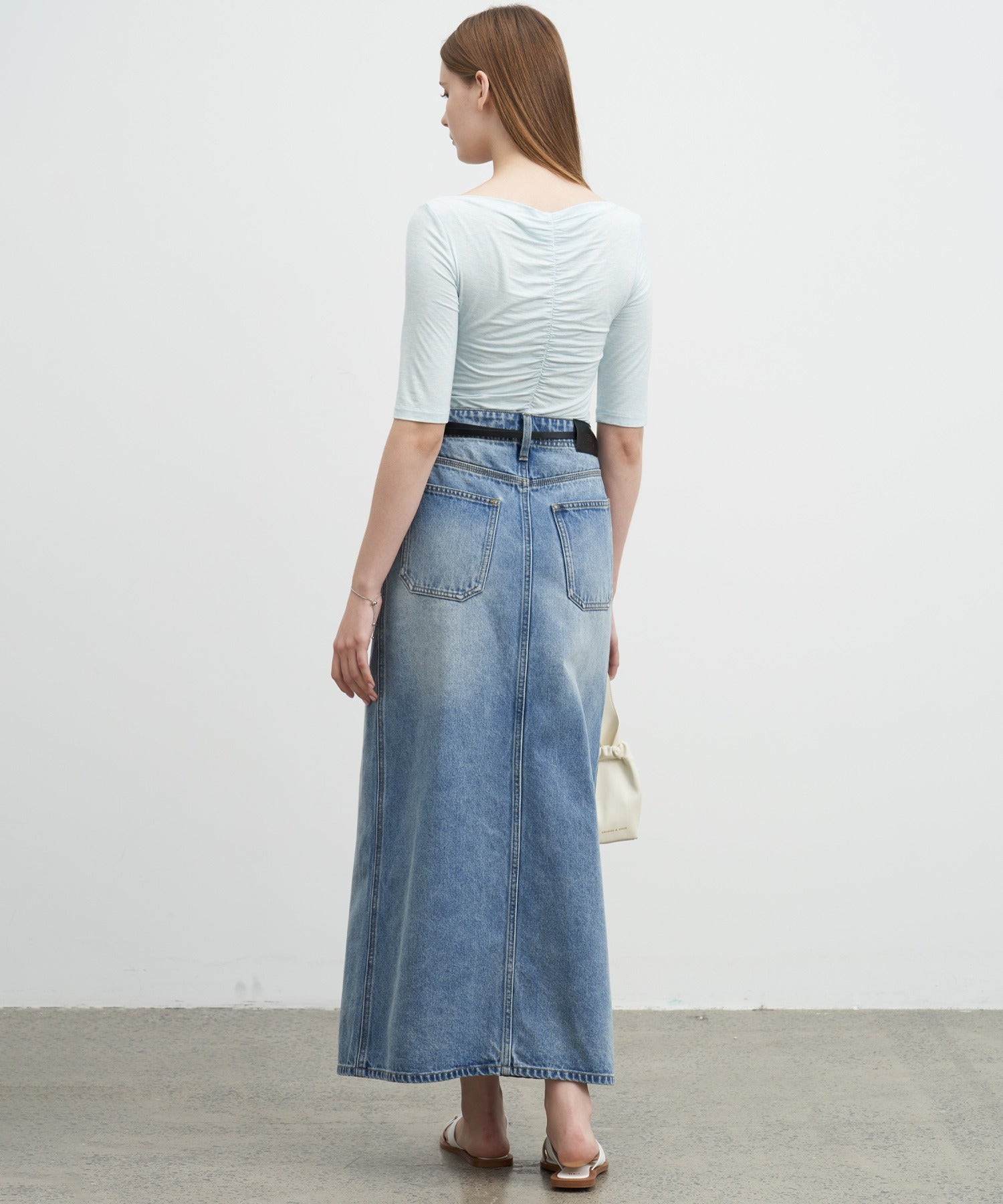 Button-front denim midi skirt