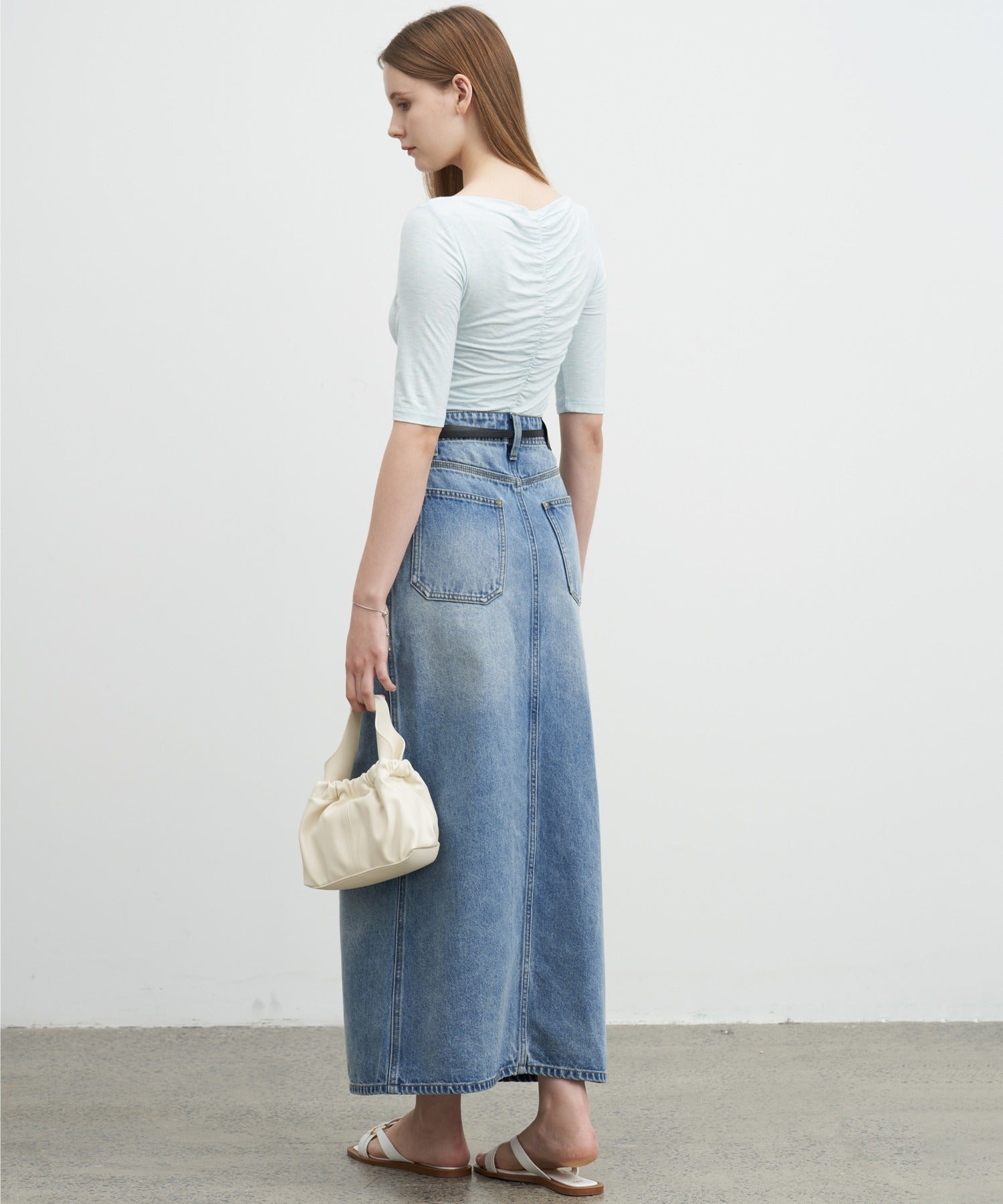 Button-front denim midi skirt