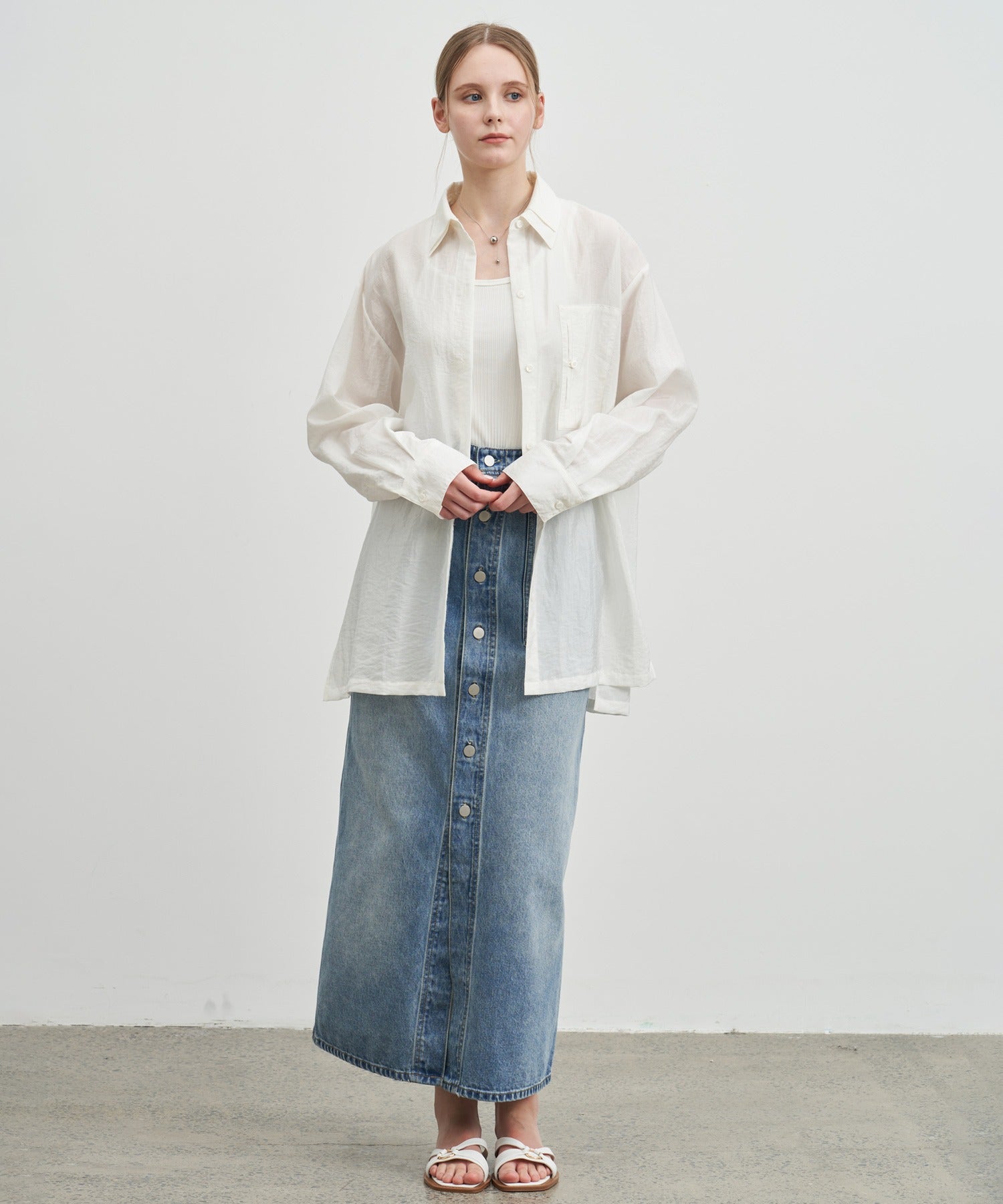 Button-front denim midi skirt