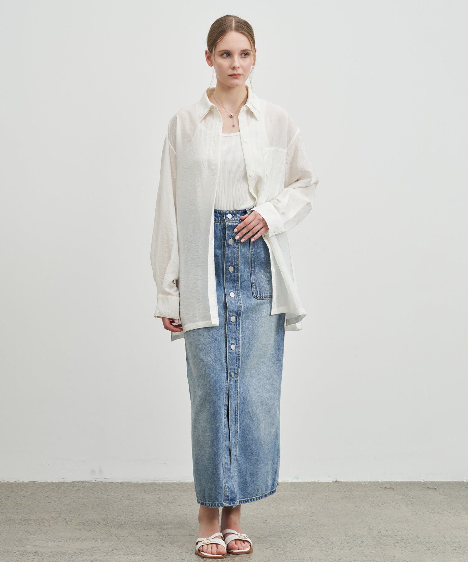 Button-front denim midi skirt