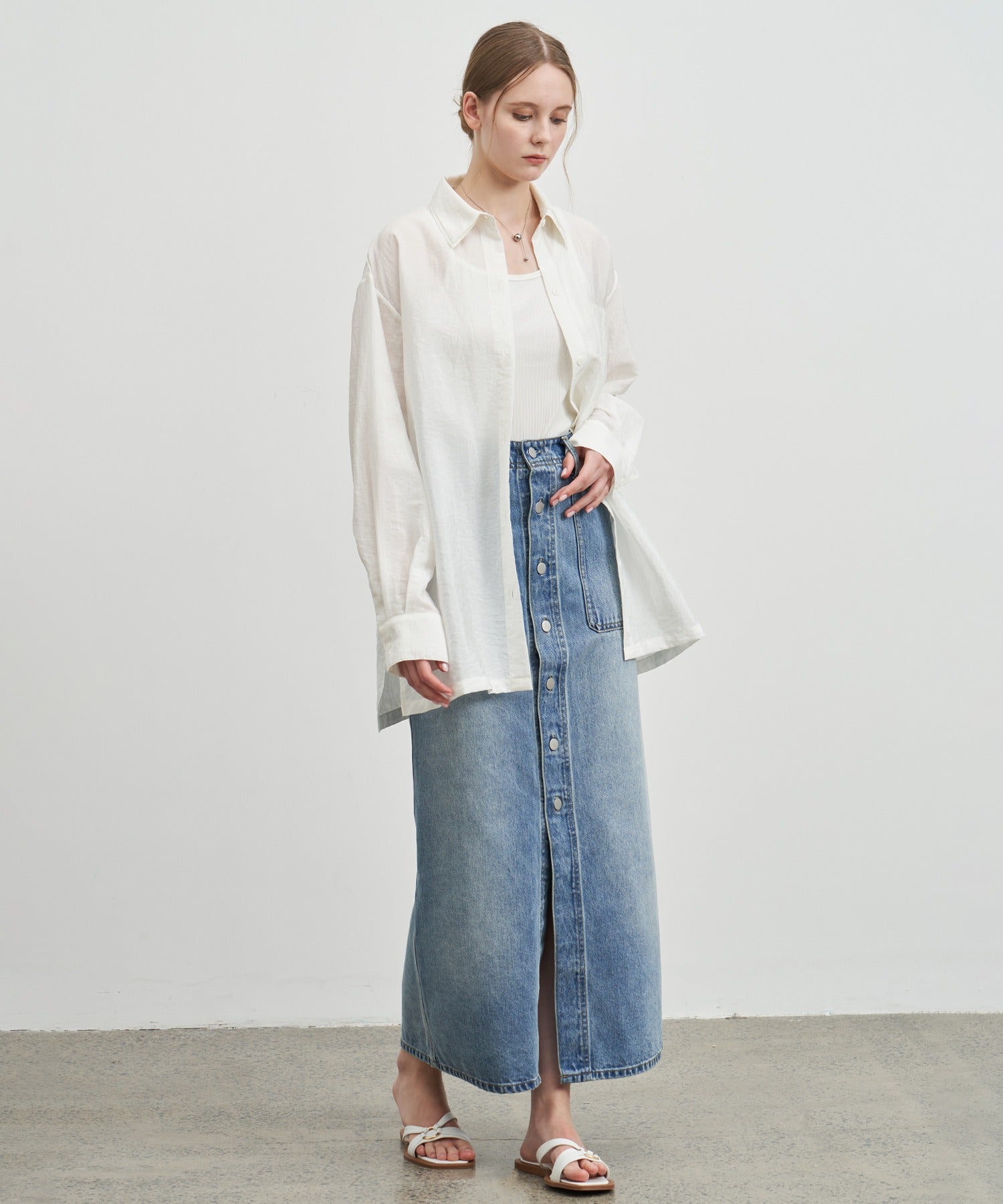 Button-front denim midi skirt