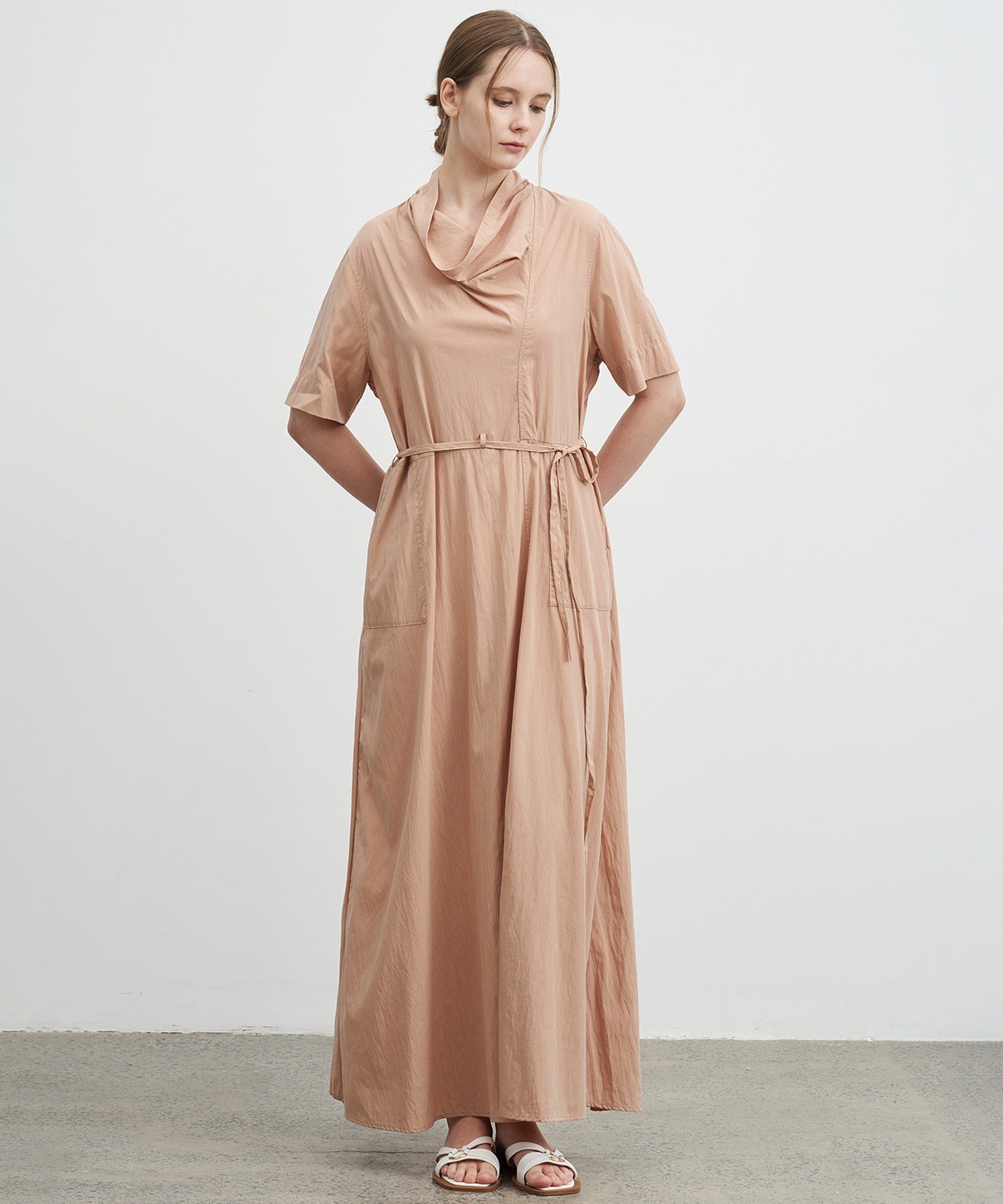 Drape Collar Midi Shirt Dress