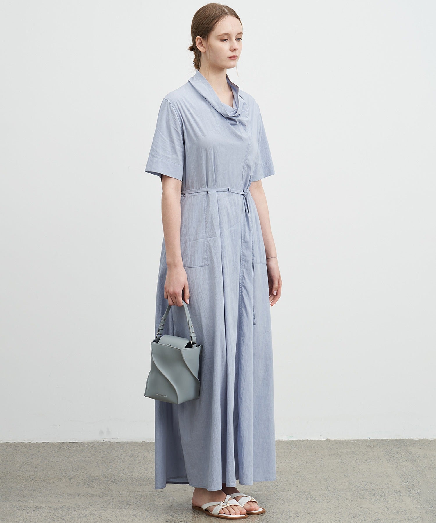 Drape Collar Midi Shirt Dress
