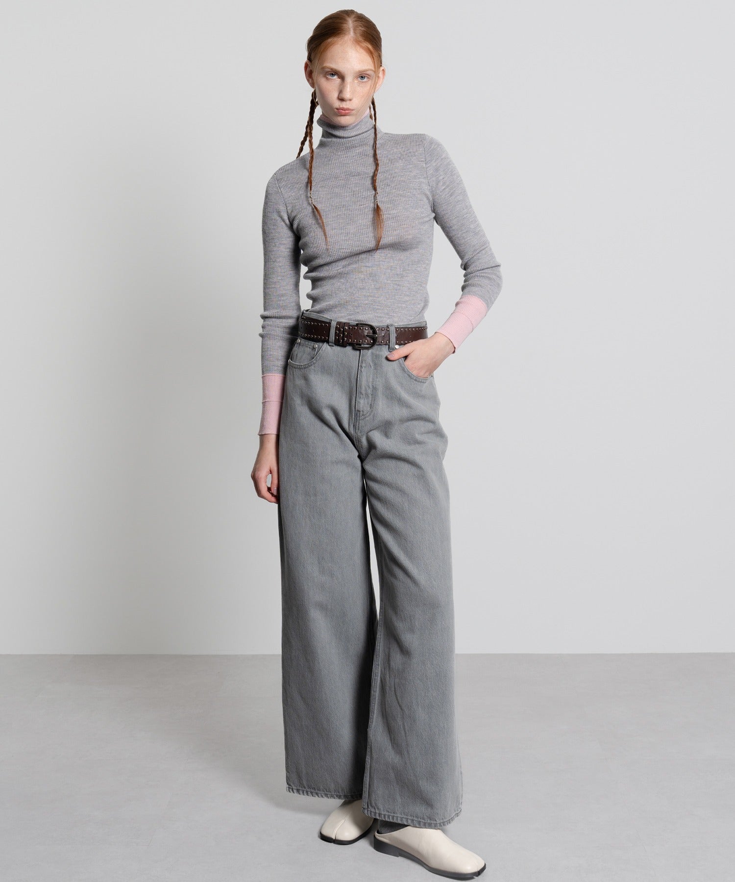 Color Block Rib Knit High Neck Wool Top